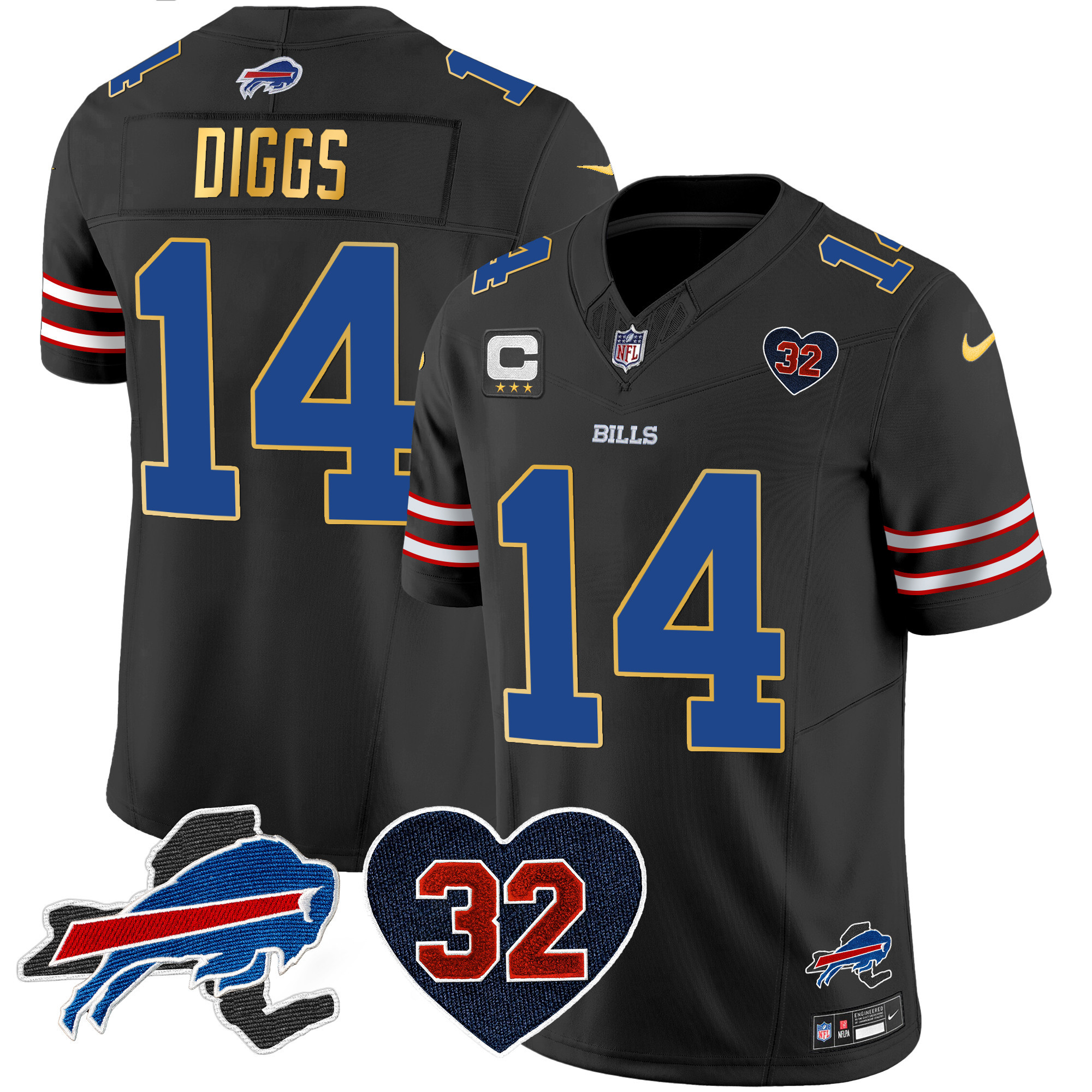 Stefon Diggs Men's Buffalo Bills O.J. Simpson Patch Gold Trim Vapor Limited Black Jersey - All Stitched