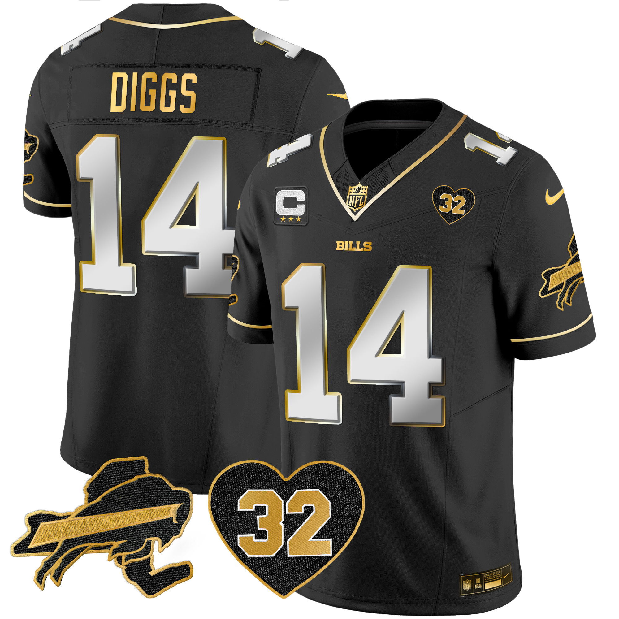 Stefon Diggs Men's Buffalo Bills O.J. Simpson Patch Gold Vapor Limited Black Limited Jersey - All Stitched