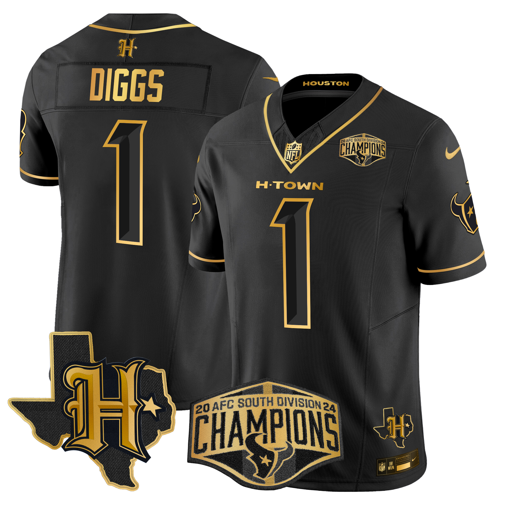 Stefon Diggs Men's Houston Texans 2024 AFC South Division Champions Patch Gold Vapor Limited Black Gold Jersey - All Stitched