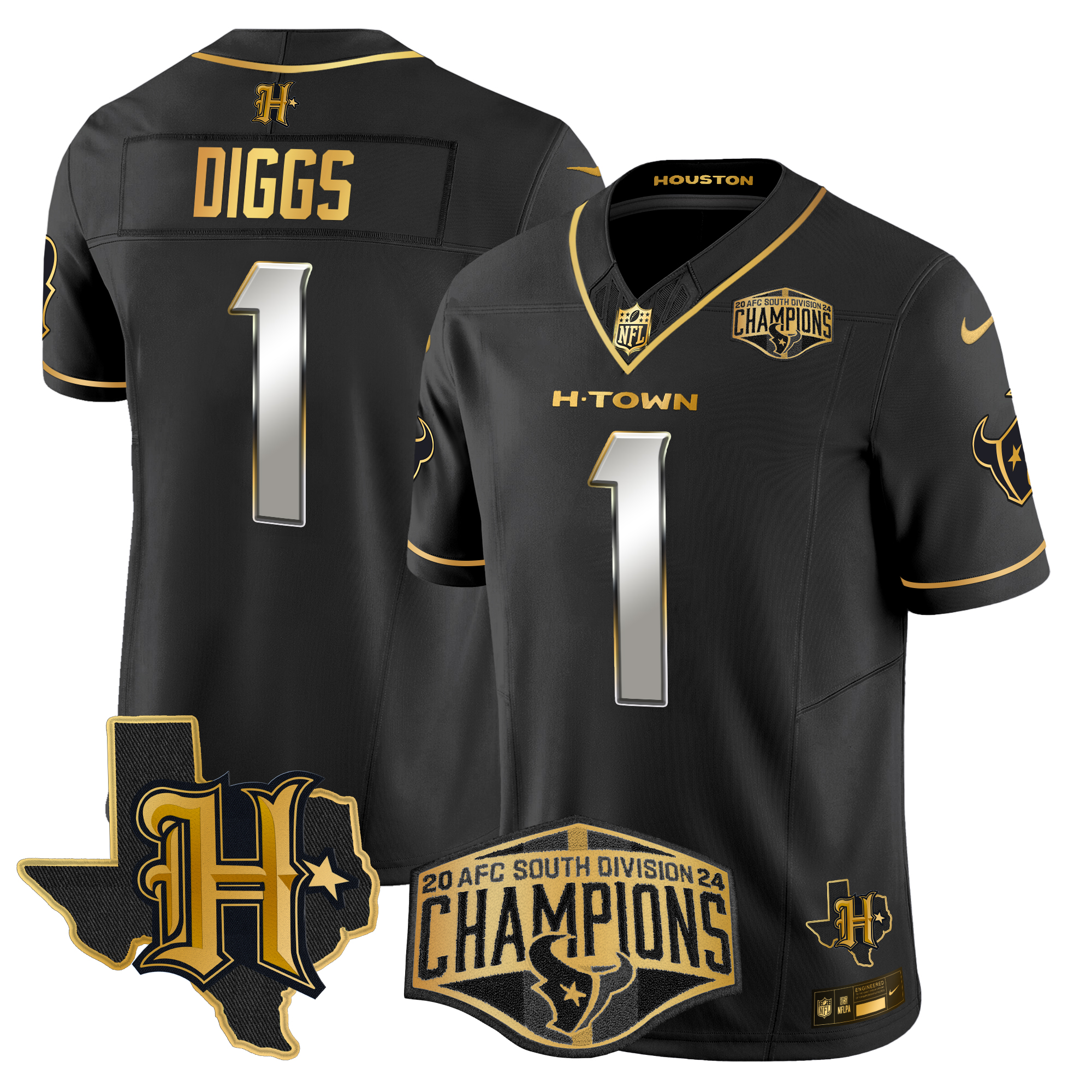 Stefon Diggs Men's Houston Texans 2024 AFC South Division Champions Patch Gold Vapor Limited Black Limited Jersey - All Stitched