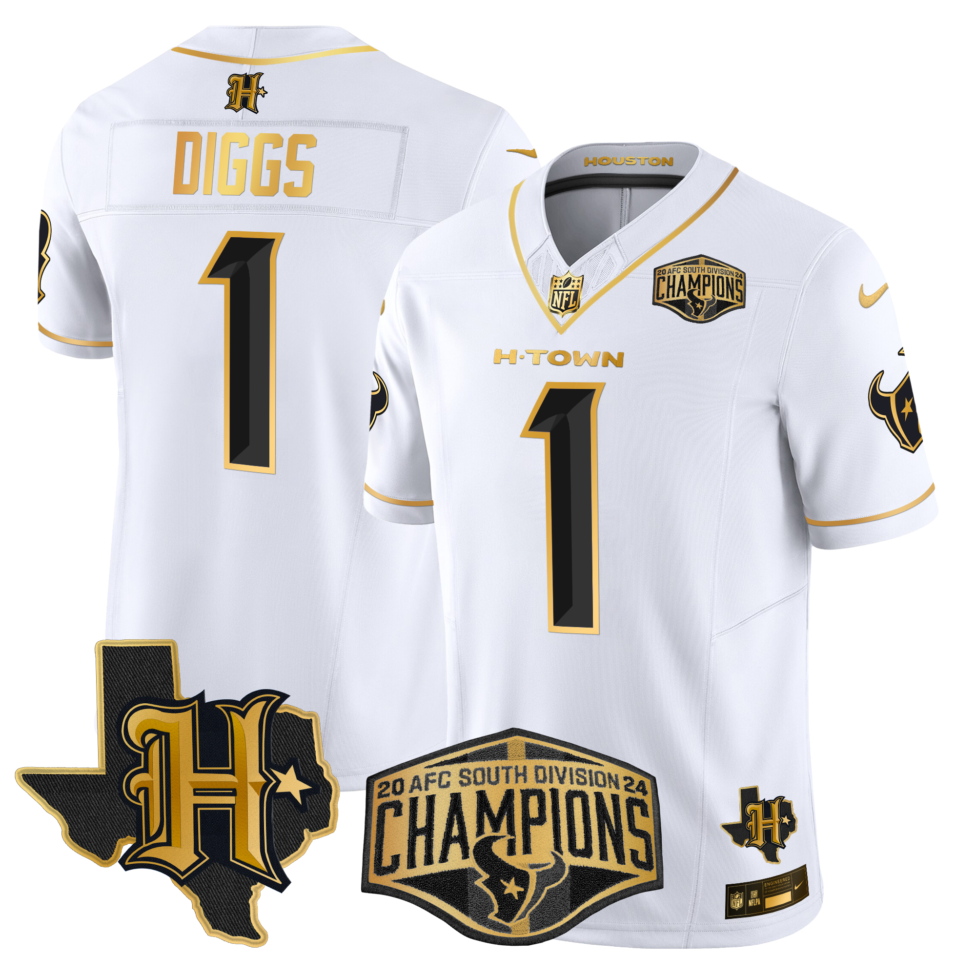 Stefon Diggs Men's Houston Texans 2024 AFC South Division Champions Patch Gold Vapor Limited White Gold Jersey - All Stitched