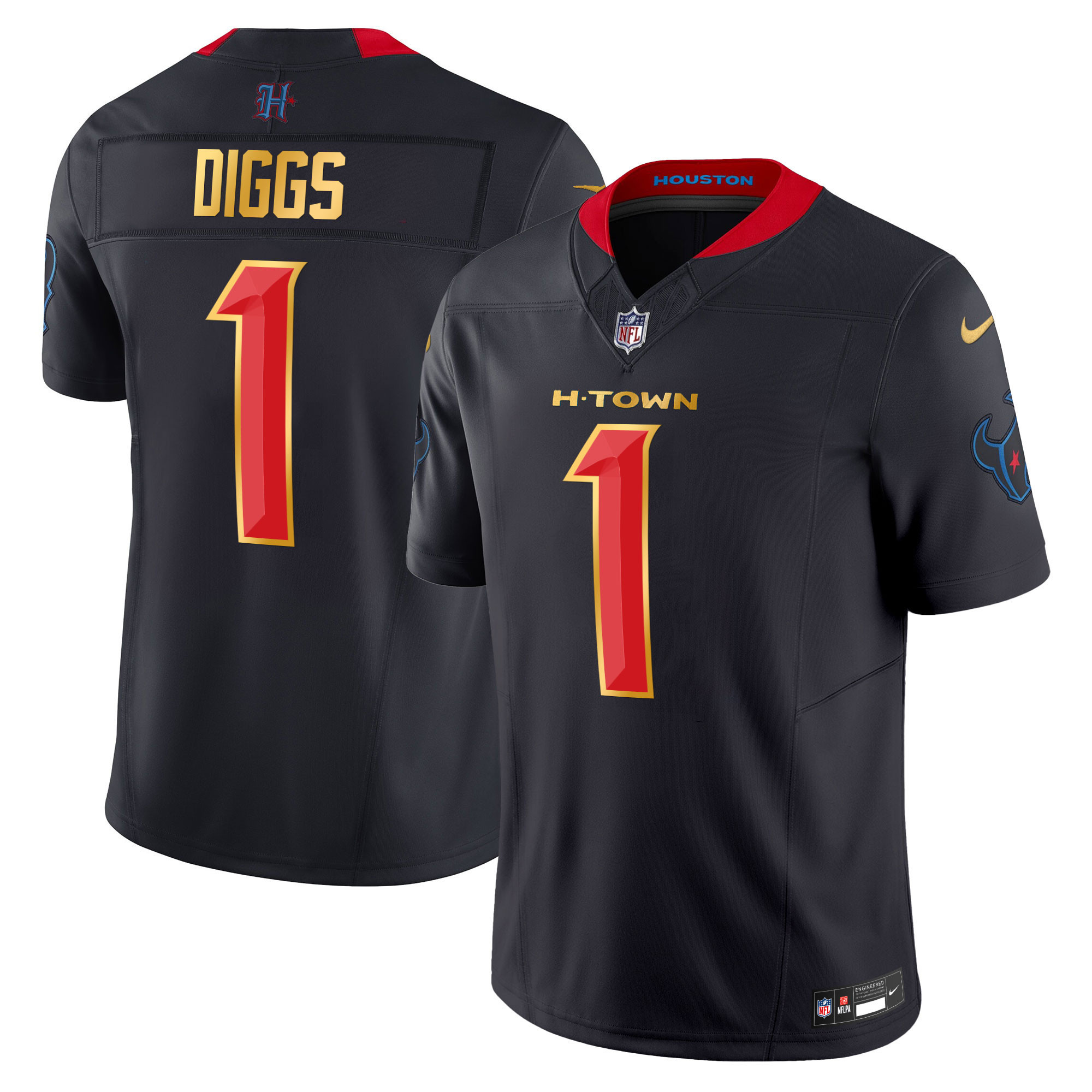 Stefon Diggs Men's Houston Texans 2024 Gold Trim Vapor Limited Navy Limited Jersey - All Stitched