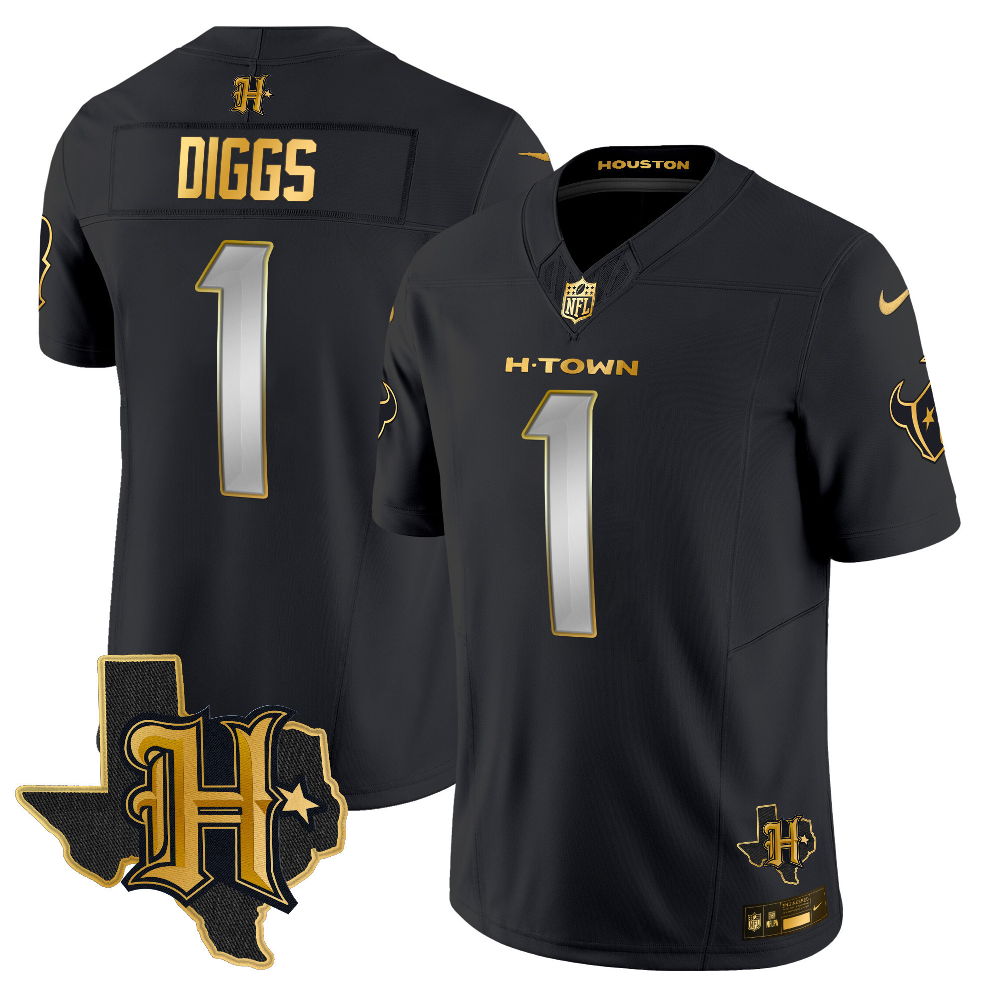 Stefon Diggs Men's Houston Texans 2024 Texas Patch Gold Vapor Limited Black Limited Jersey - All Stitched