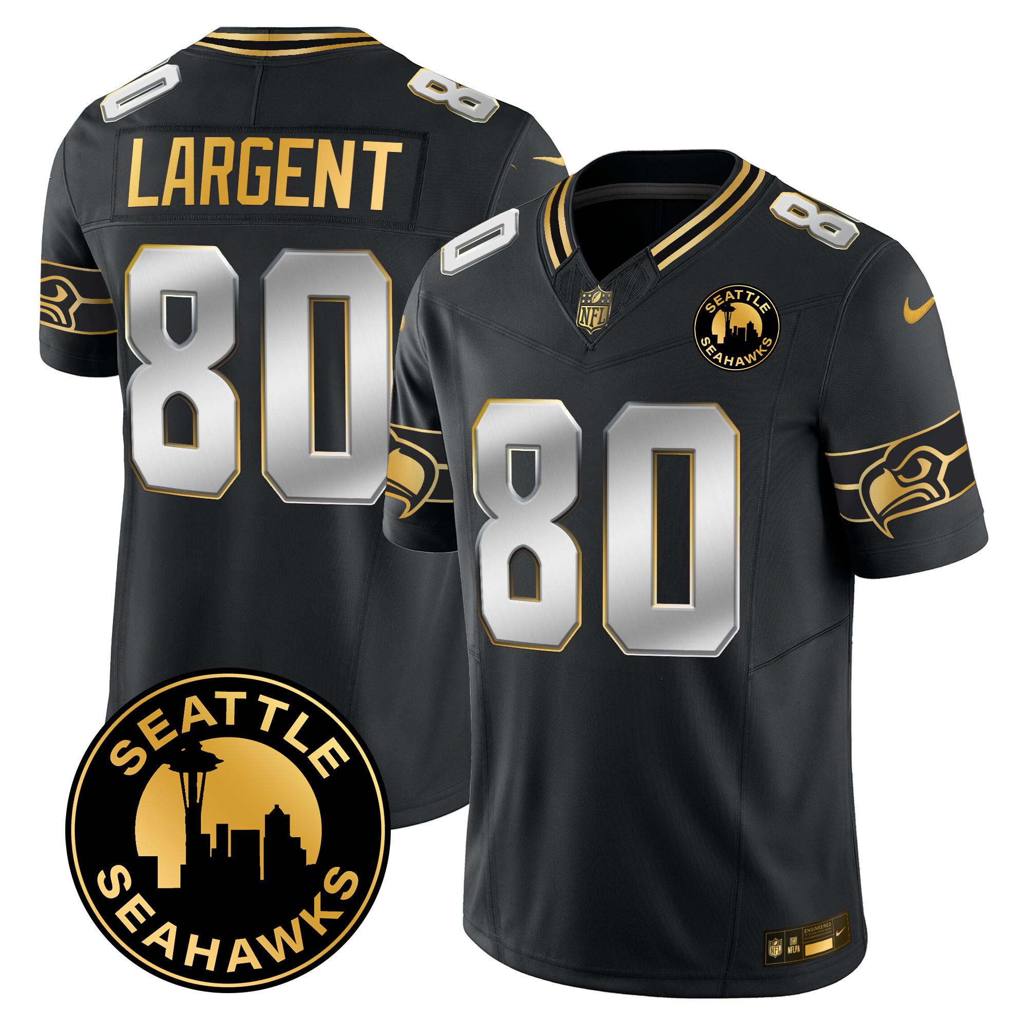 Steve Largent Men's Seattle Seahawks 2024 Seattle City Patch Gold Vapor Limited Black Limited Jersey - All Stitched