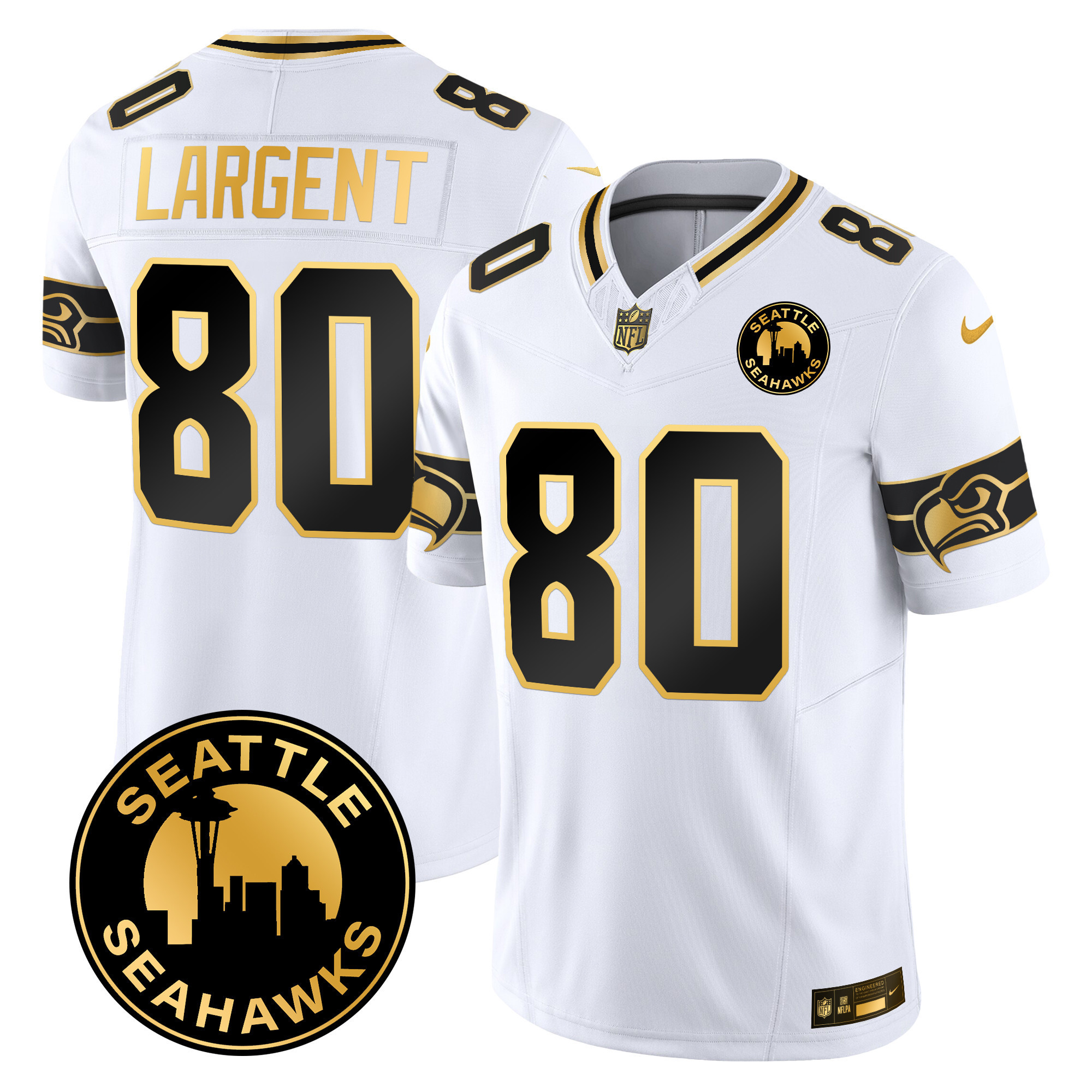 Steve Largent Men's Seattle Seahawks 2024 Seattle City Patch Gold Vapor Limited White Gold Jersey - All Stitched