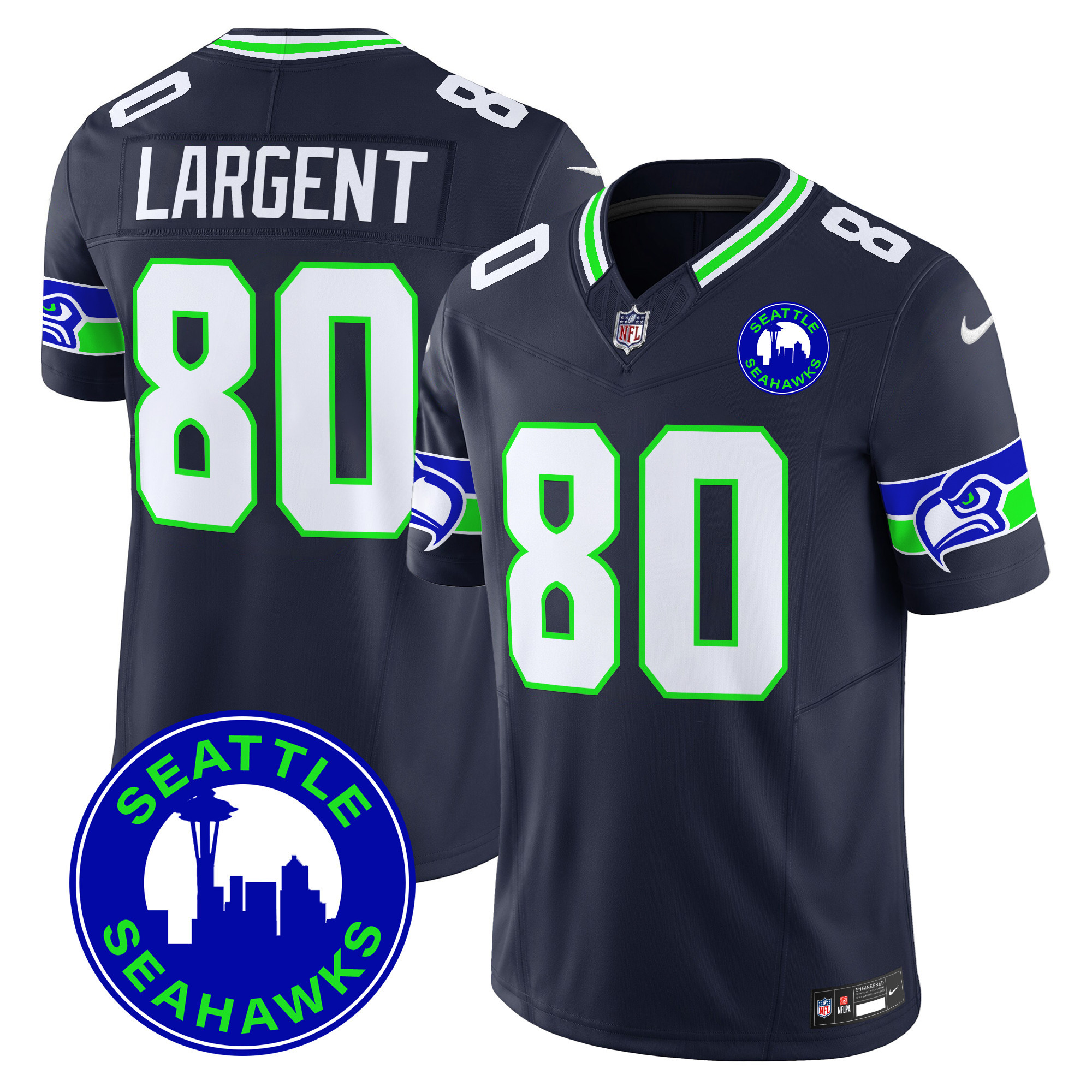 Steve Largent Men's Seattle Seahawks 2024 Seattle City Patch Vapor Limited Navy Jersey - All Stitched