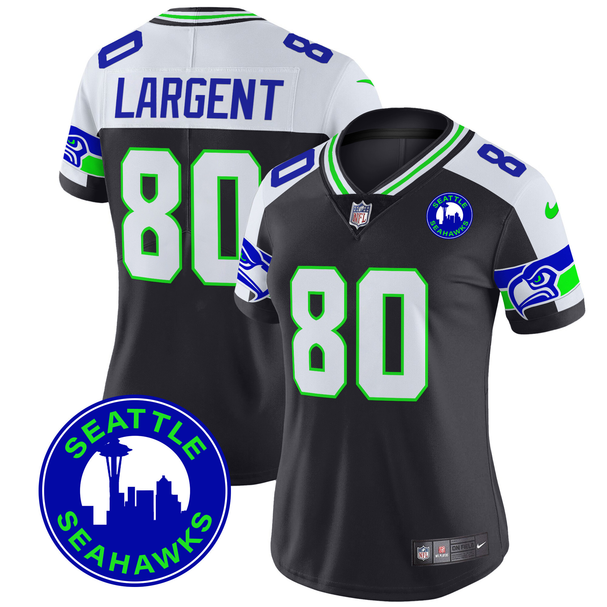 Steve Largent Women's Seattle Seahawks 2024 Seattle City Patch Vapor Limited Black Alternate Jersey - All Stitched