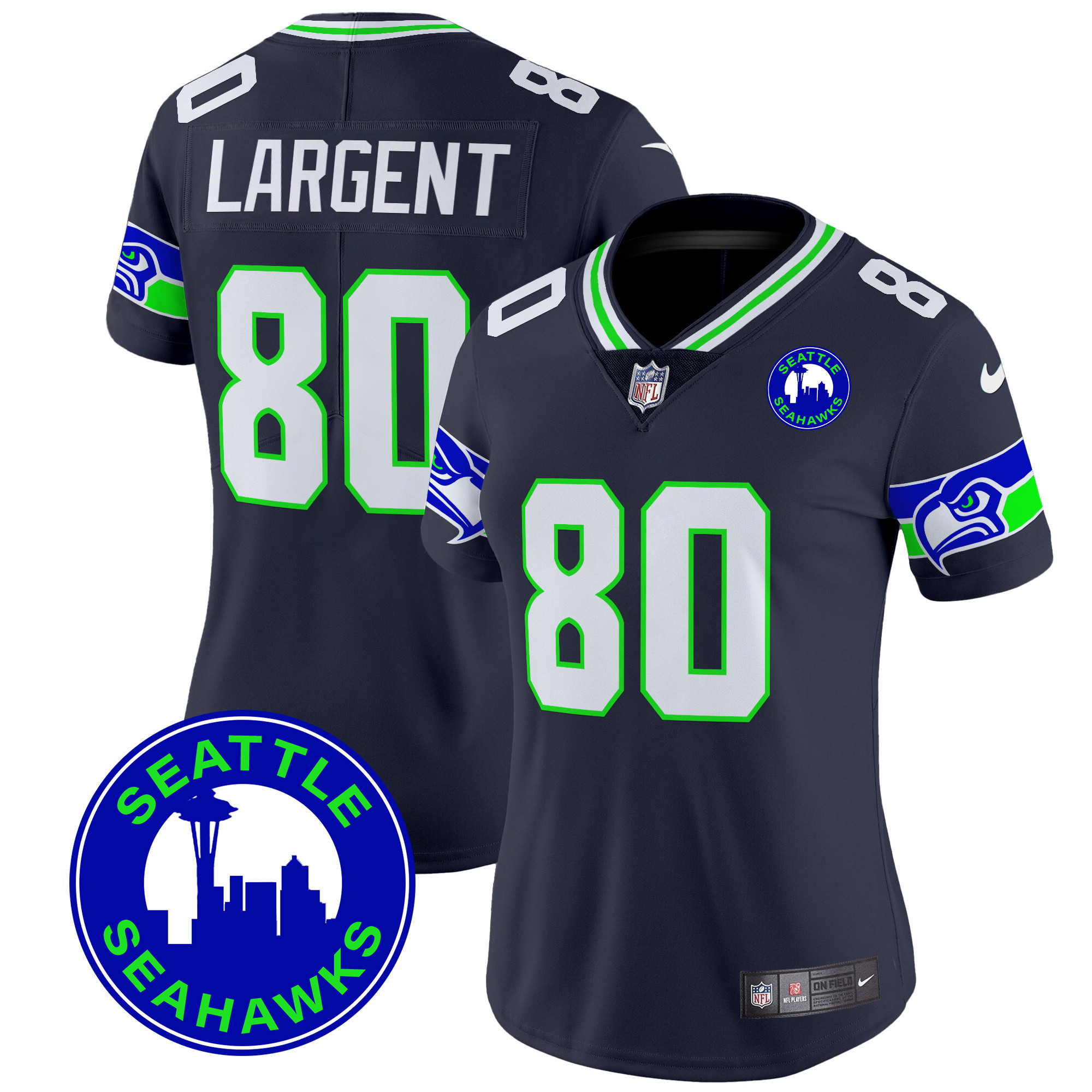Steve Largent Women's Seattle Seahawks 2024 Seattle City Patch Vapor Limited Navy Jersey - All Stitched