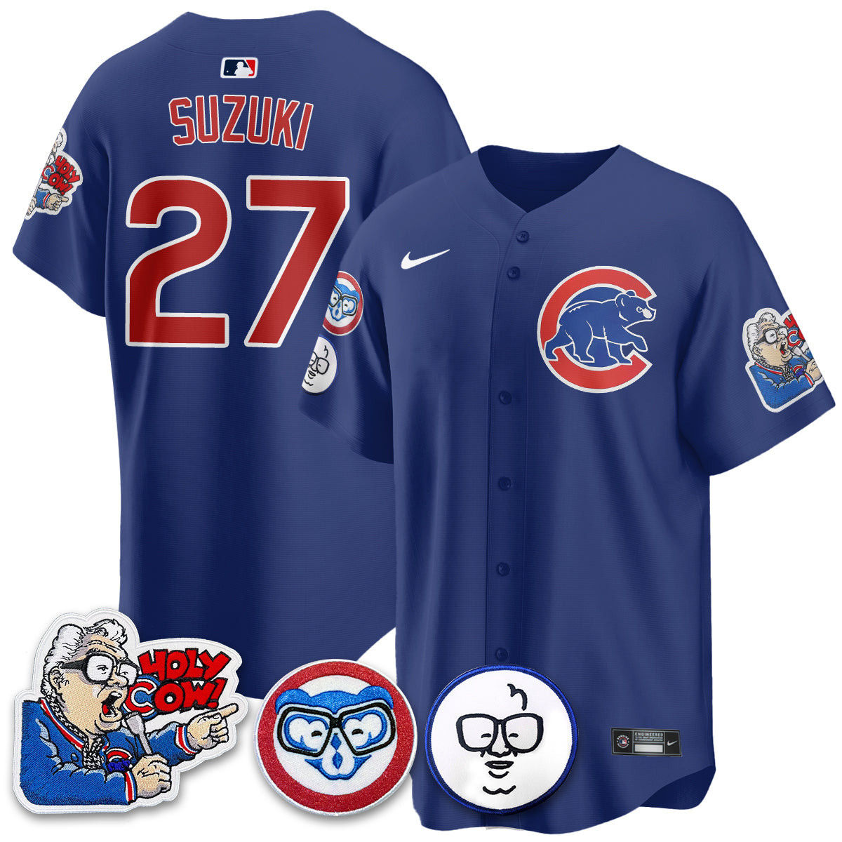 Suzuki Seiya Men's Chicago Cubs Harry Caray Holy Cow Patch Premier Limited Royal Jersey - All Stitched