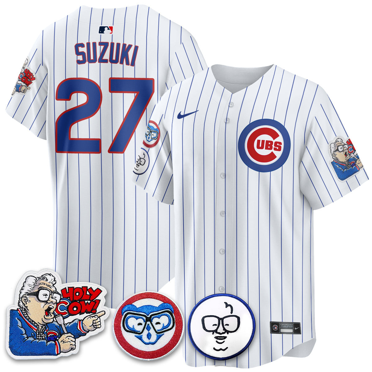 Suzuki Seiya Men's Chicago Cubs Harry Caray Holy Cow Patch Premier Limited White Jersey - All Stitched