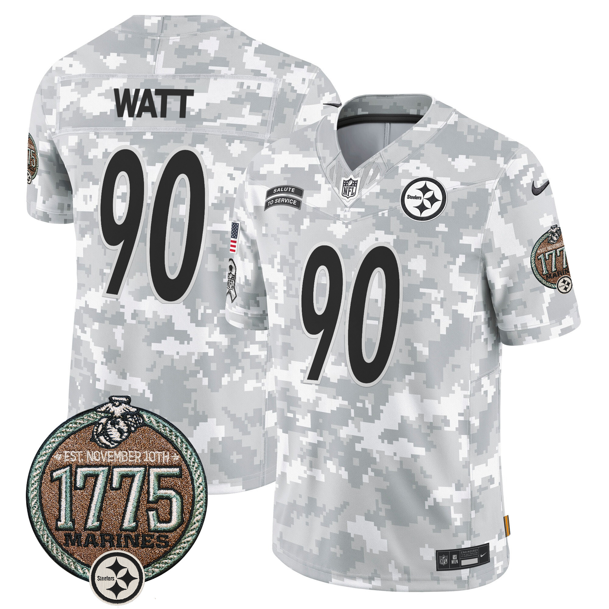 T. J. Watt Men's Pittsburgh Steelers 2024 Salute to Service Establishment Year Patch Vapor Limited Marines Jersey - All Stitched