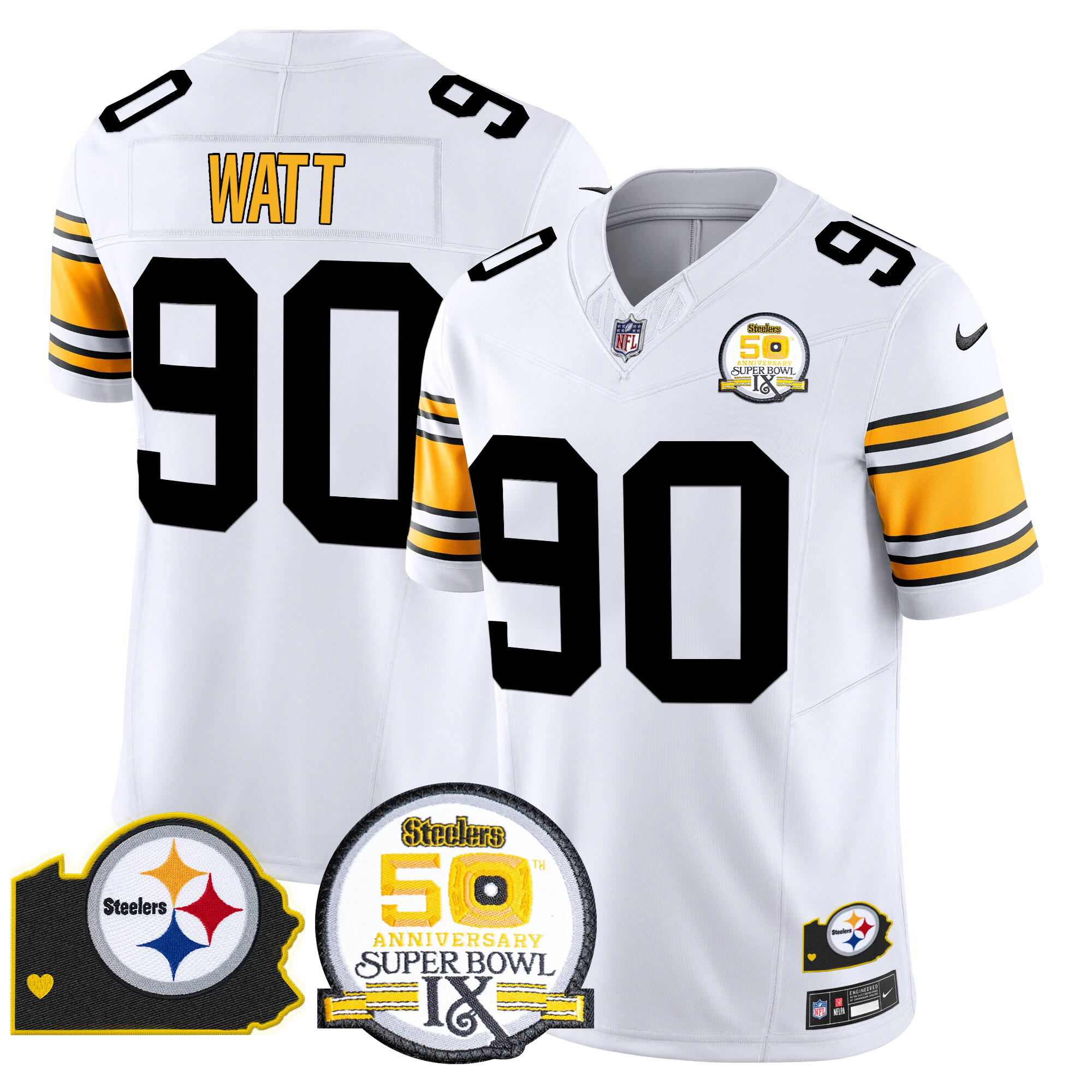 T. J. Watt Men's Pittsburgh Steelers 50th Anniversary Of Super Bowl IX & Map Patch Vapor Limited 1975 White Jersey - All Stitched