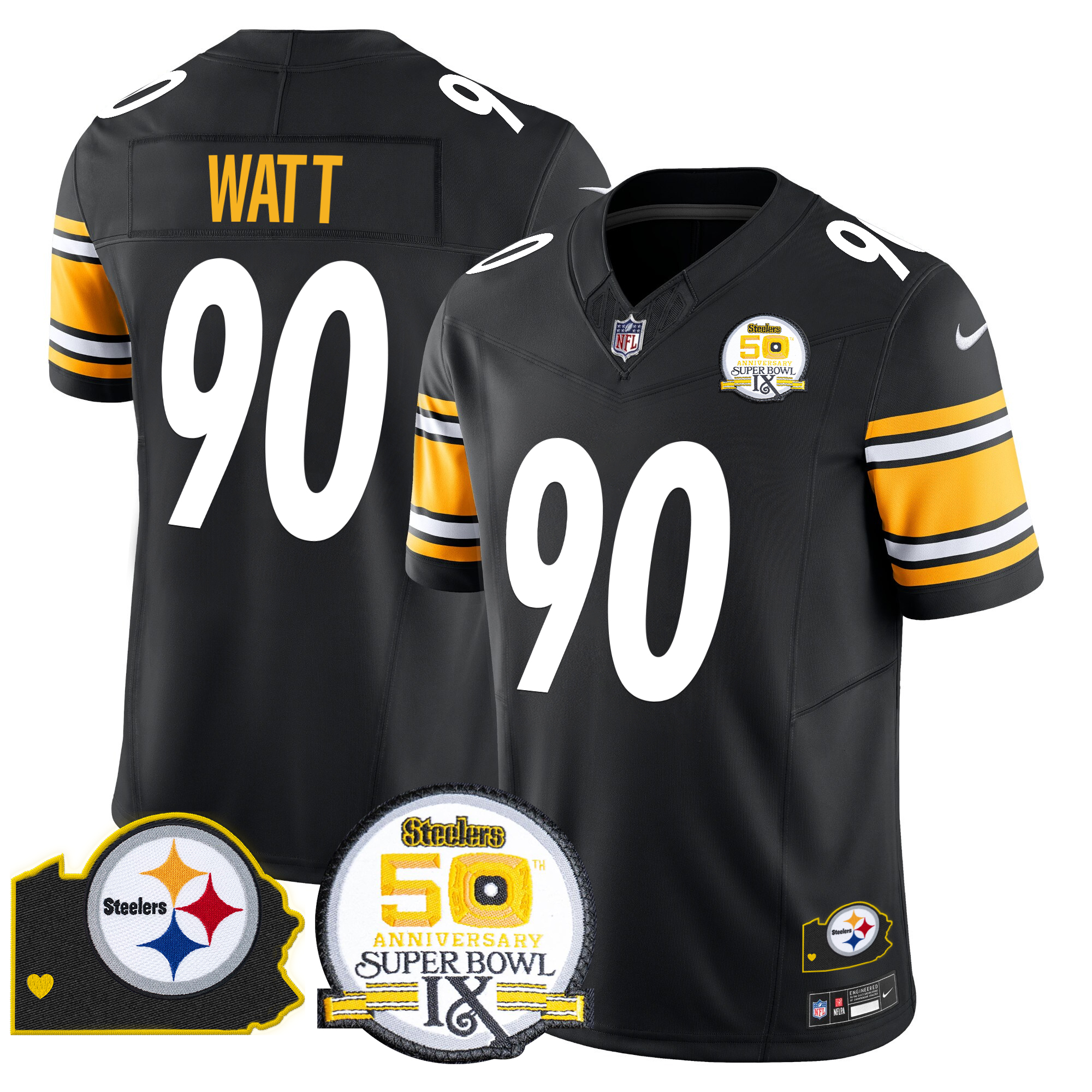 T. J. Watt Men's Pittsburgh Steelers 50th Anniversary Of Super Bowl IX & Map Patch Vapor Limited Black Jersey - All Stitched