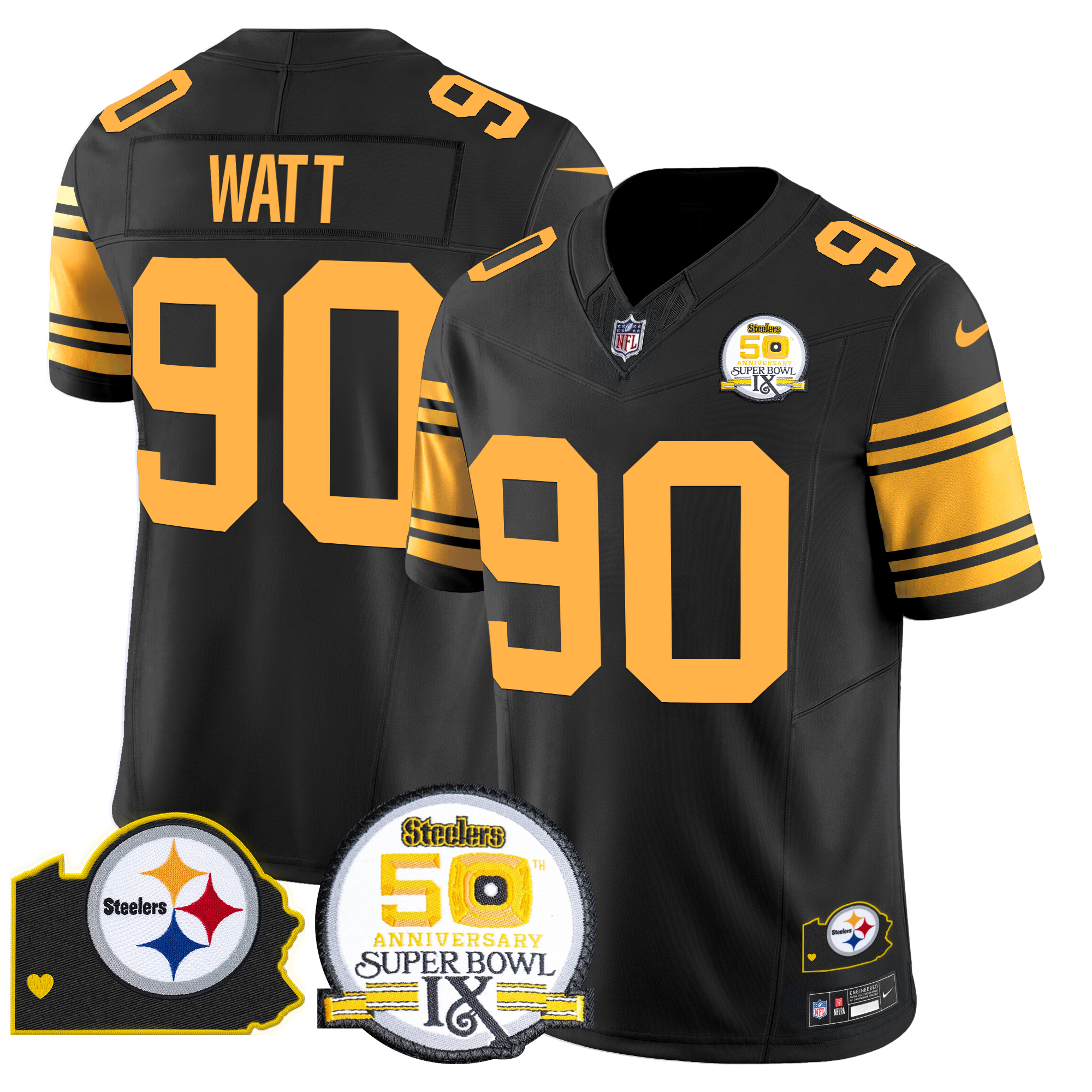 T. J. Watt Men's Pittsburgh Steelers 50th Anniversary Of Super Bowl IX & Map Patch Vapor Limited Color Rush Jersey - All Stitched