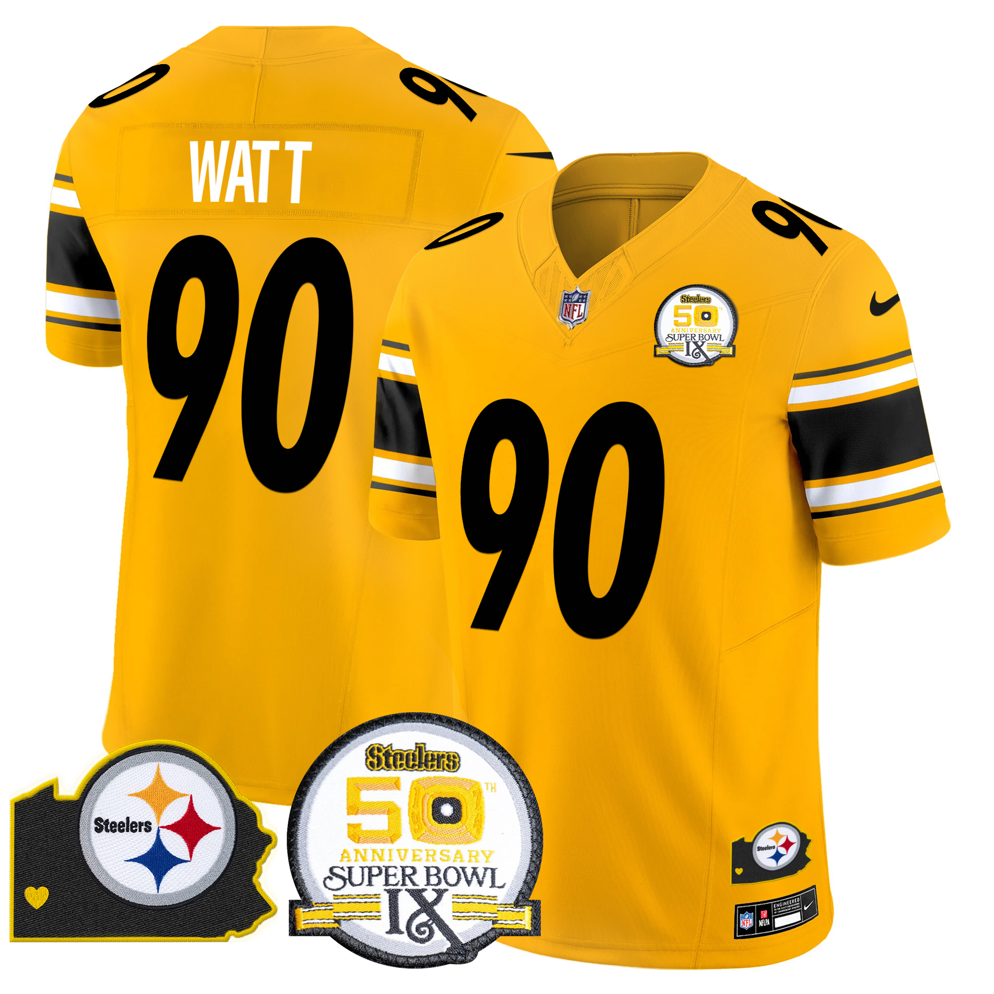 T. J. Watt Men's Pittsburgh Steelers 50th Anniversary Of Super Bowl IX & Map Patch Vapor Limited Gold Jersey - All Stitched