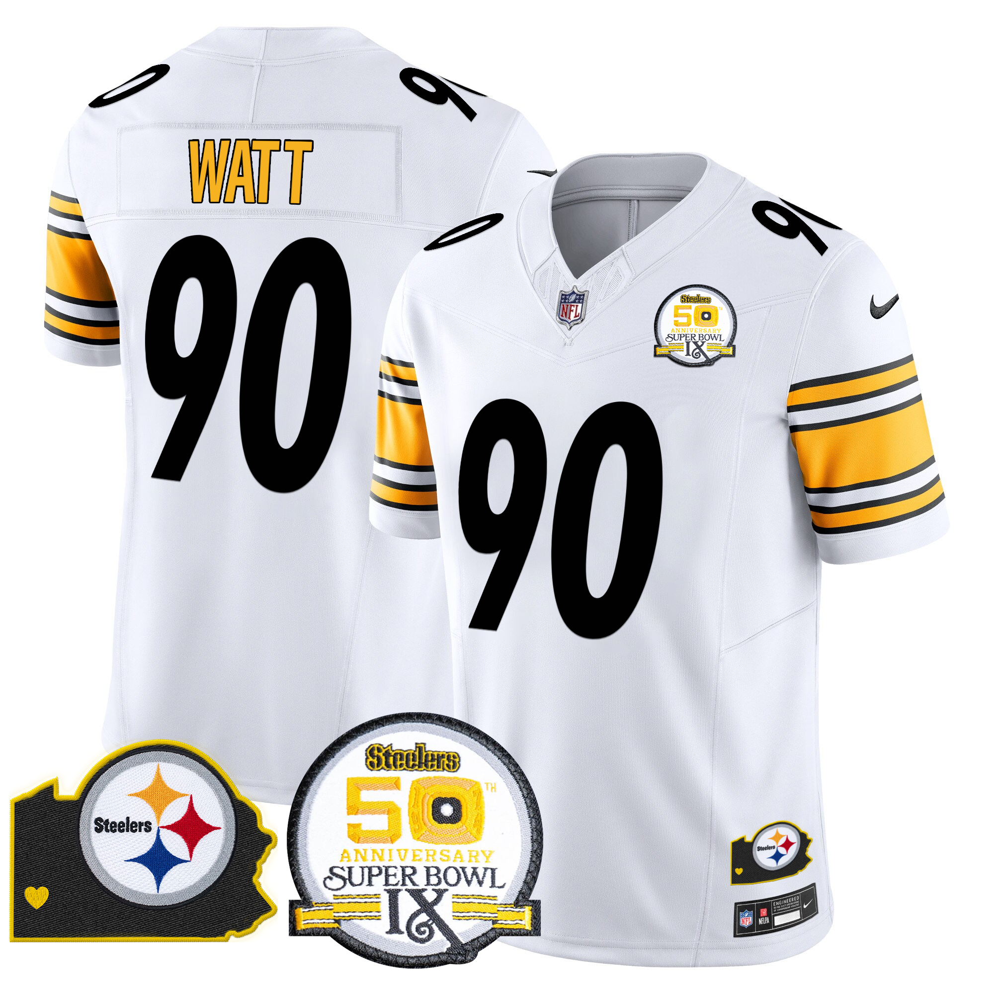 T. J. Watt Men's Pittsburgh Steelers 50th Anniversary Of Super Bowl IX & Map Patch Vapor Limited White Jersey - All Stitched