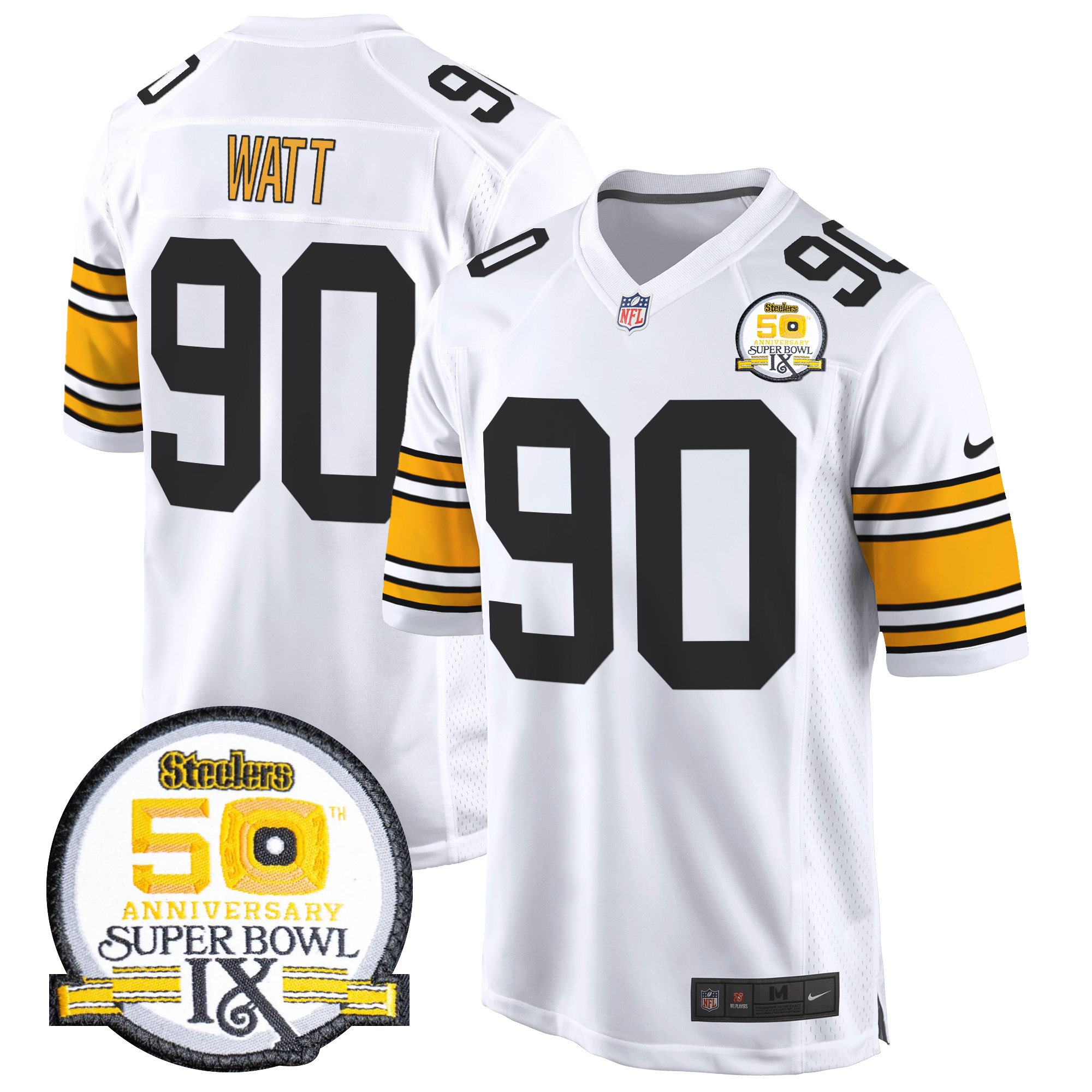 T. J. Watt Men's Pittsburgh Steelers 50th Anniversary Of Super Bowl IX Patch Game 1975 White Jersey - All Stitched