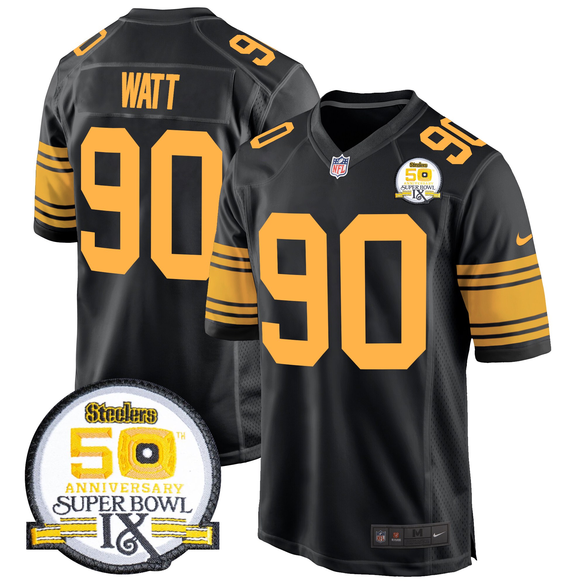 T. J. Watt Men's Pittsburgh Steelers 50th Anniversary Of Super Bowl IX Patch Game Color Rush Jersey - All Stitched