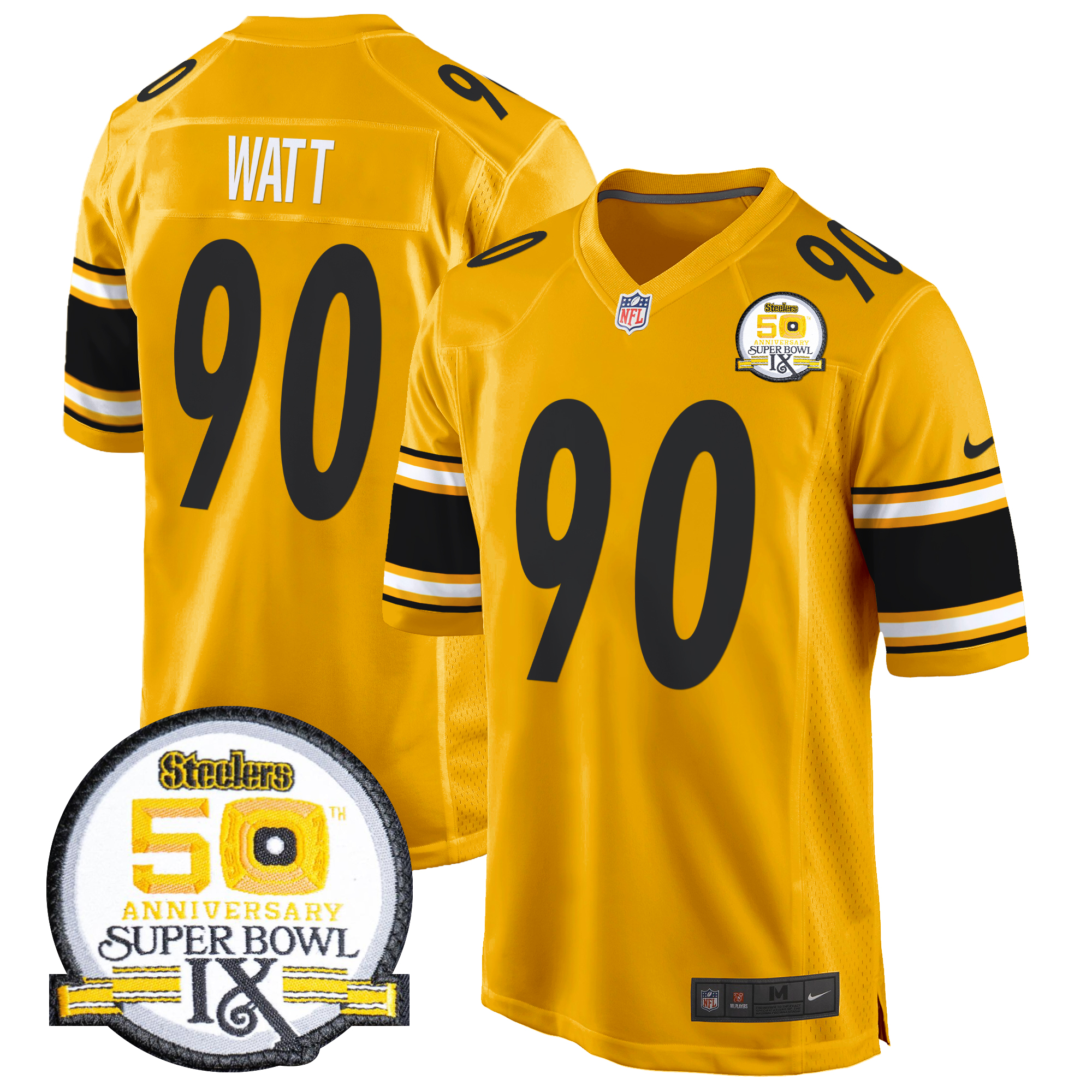 T. J. Watt Men's Pittsburgh Steelers 50th Anniversary Of Super Bowl IX Patch Game Gold Jersey - All Stitched