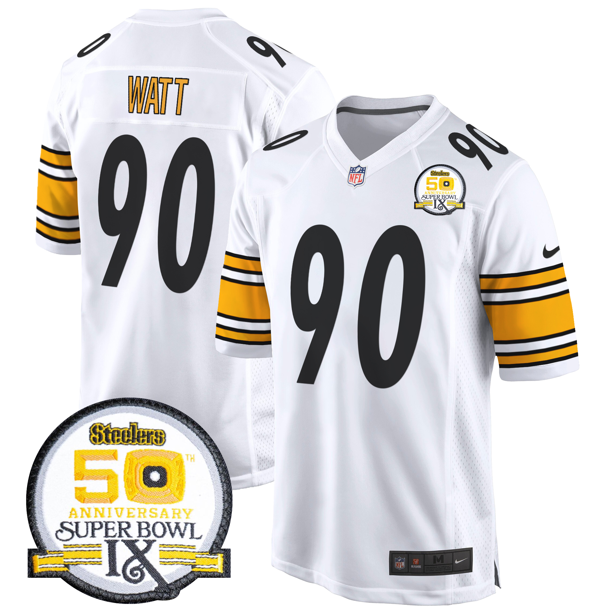 T. J. Watt Men's Pittsburgh Steelers 50th Anniversary Of Super Bowl IX Patch Game White Jersey - All Stitched