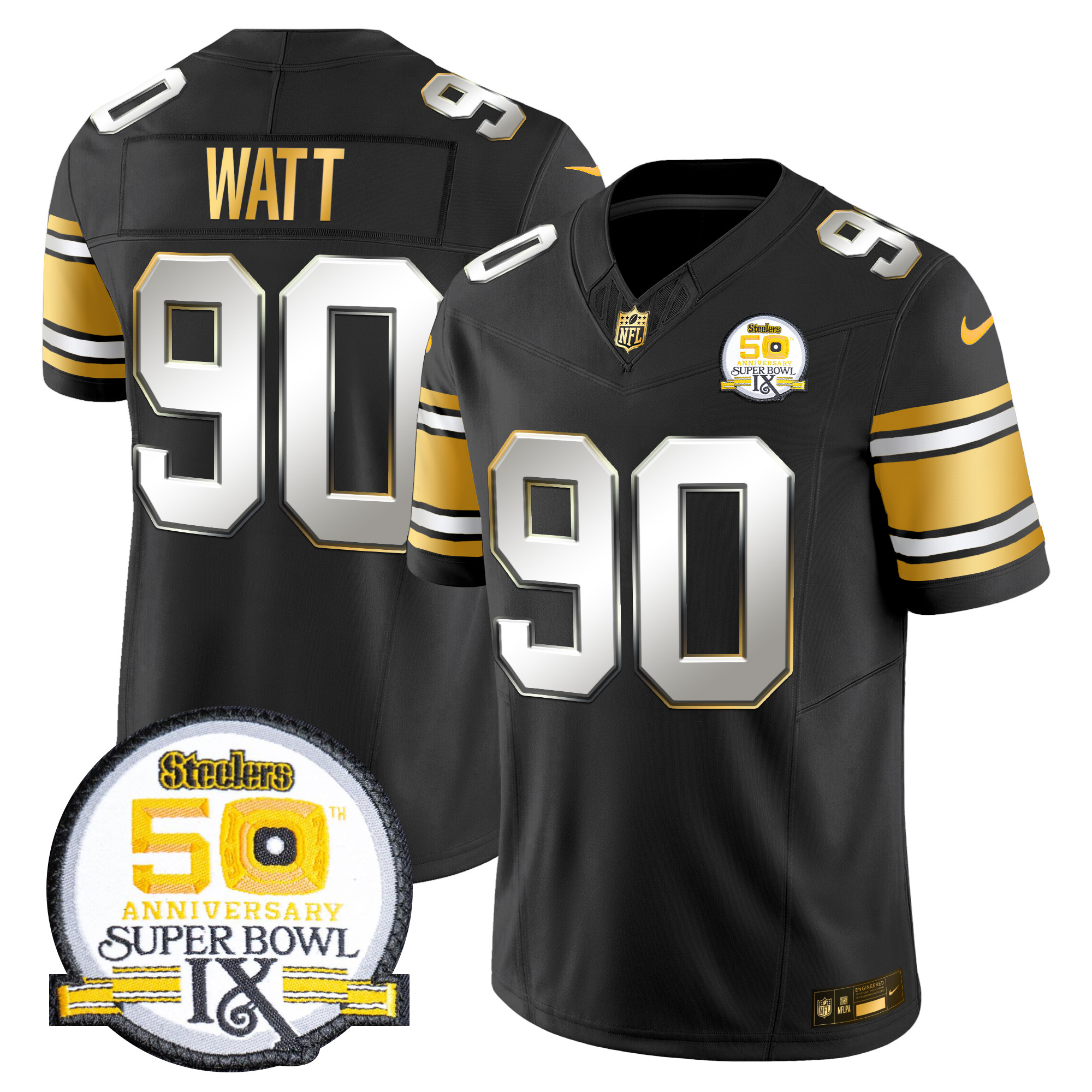 T. J. Watt Men's Pittsburgh Steelers 50th Anniversary of Super Bowl IX Patch Gold Vapor Limited Black Limited Jersey - All Stitched