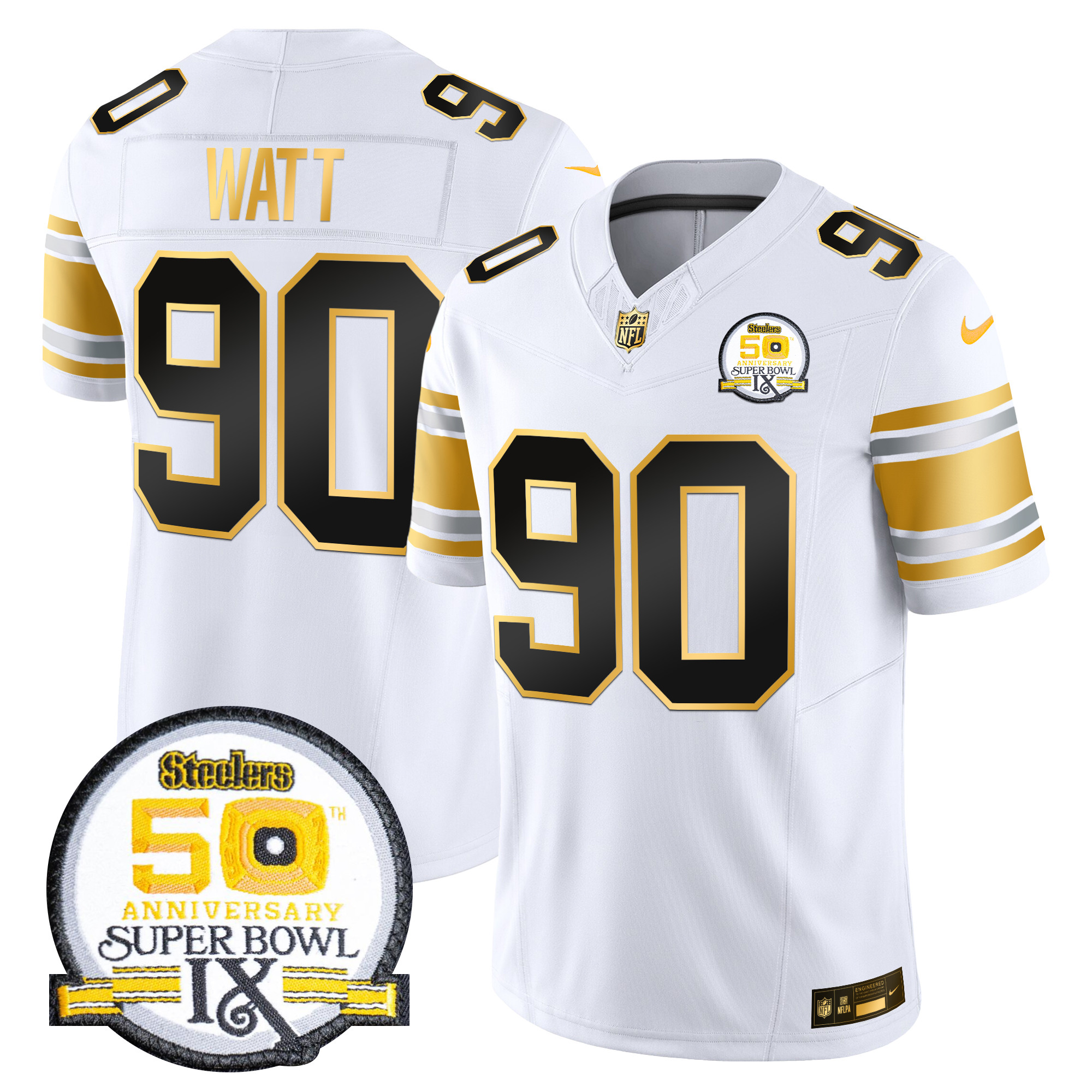 T. J. Watt Men's Pittsburgh Steelers 50th Anniversary of Super Bowl IX Patch Gold Vapor Limited White Gold Jersey - All Stitched