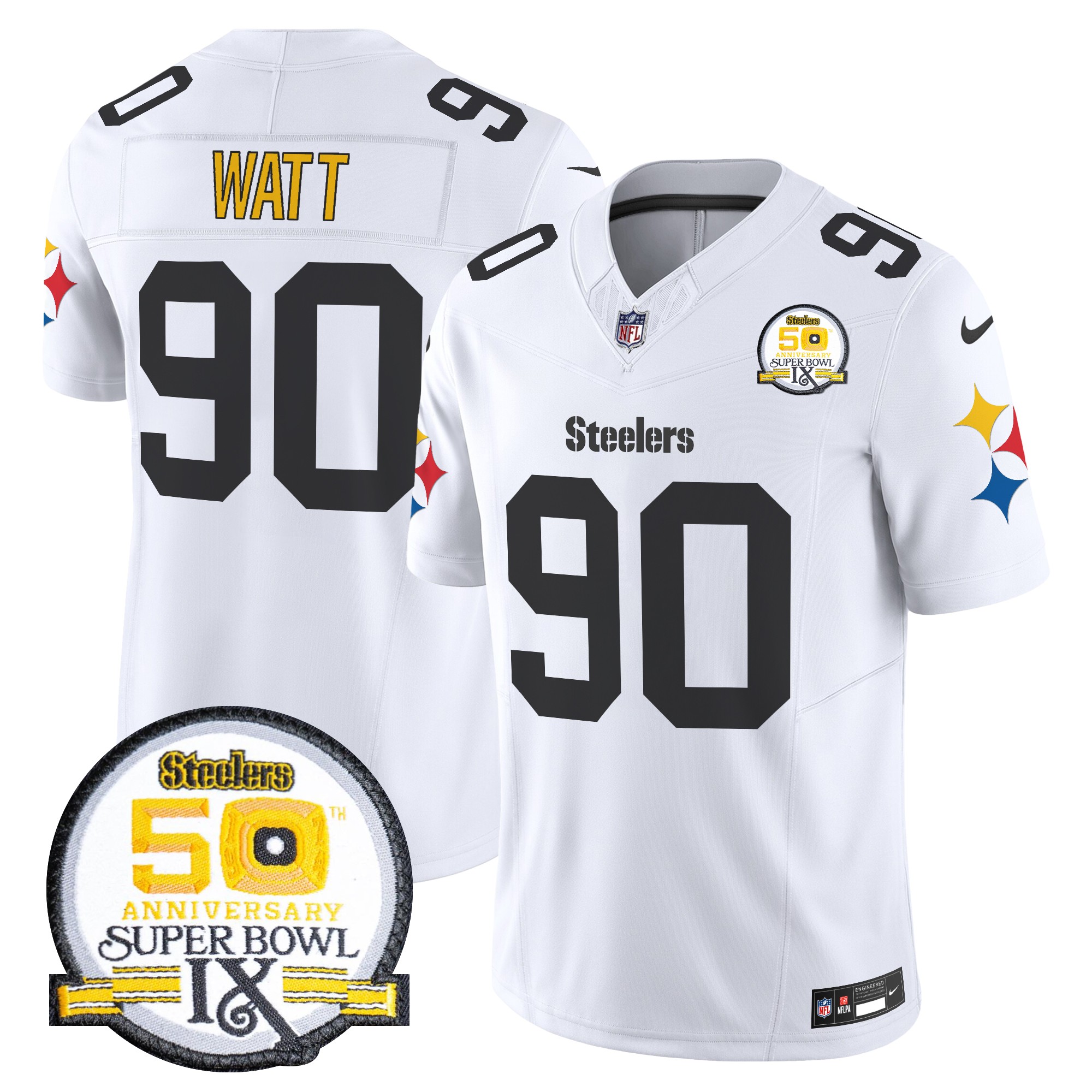 T. J. Watt Men's Pittsburgh Steelers 50th Anniversary Of Super Bowl IX Patch Vapor Limited 1975 White Jersey - All Stitched