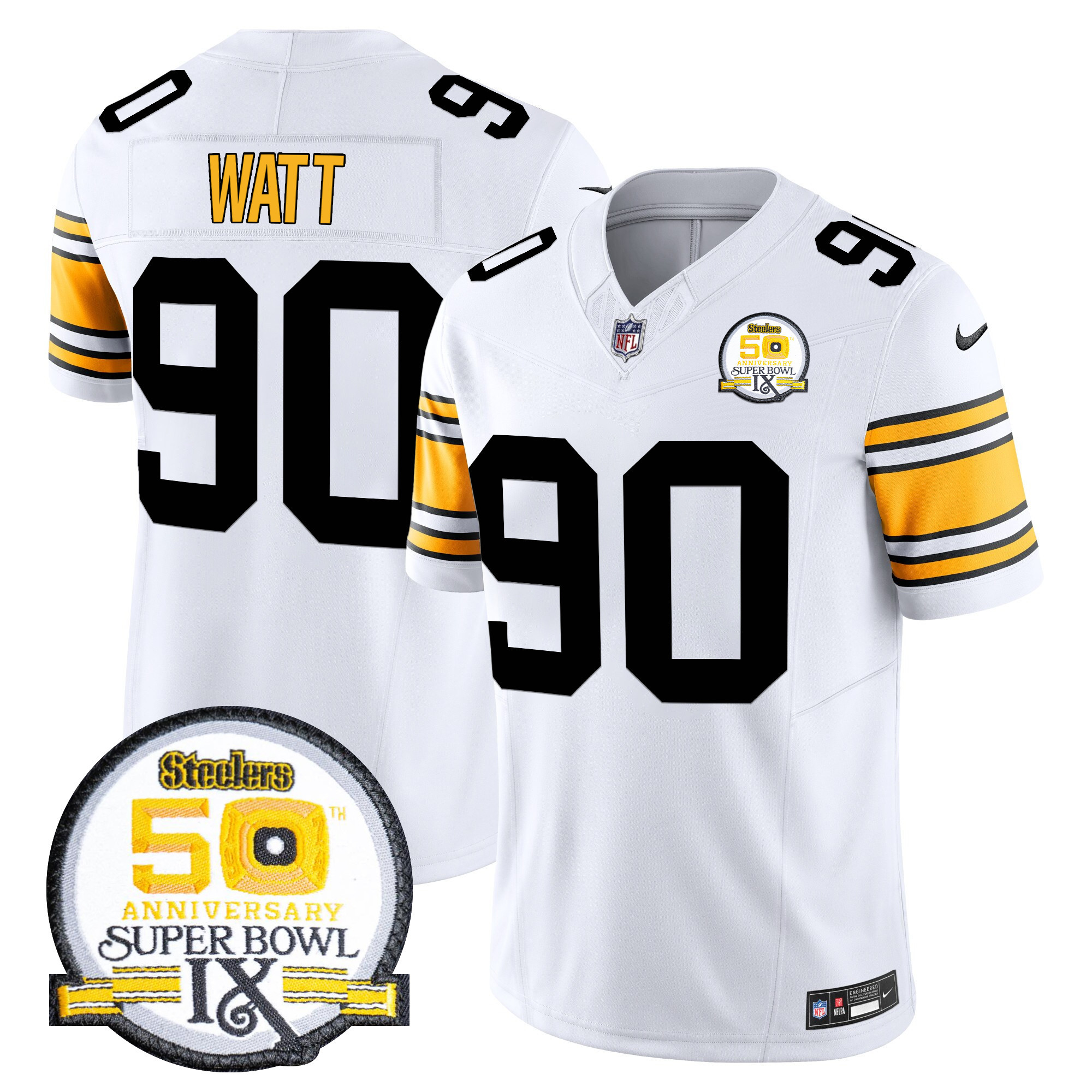 T. J. Watt Men's Pittsburgh Steelers 50th Anniversary Of Super Bowl IX Patch Vapor Limited 1975 White Jersey - All Stitched