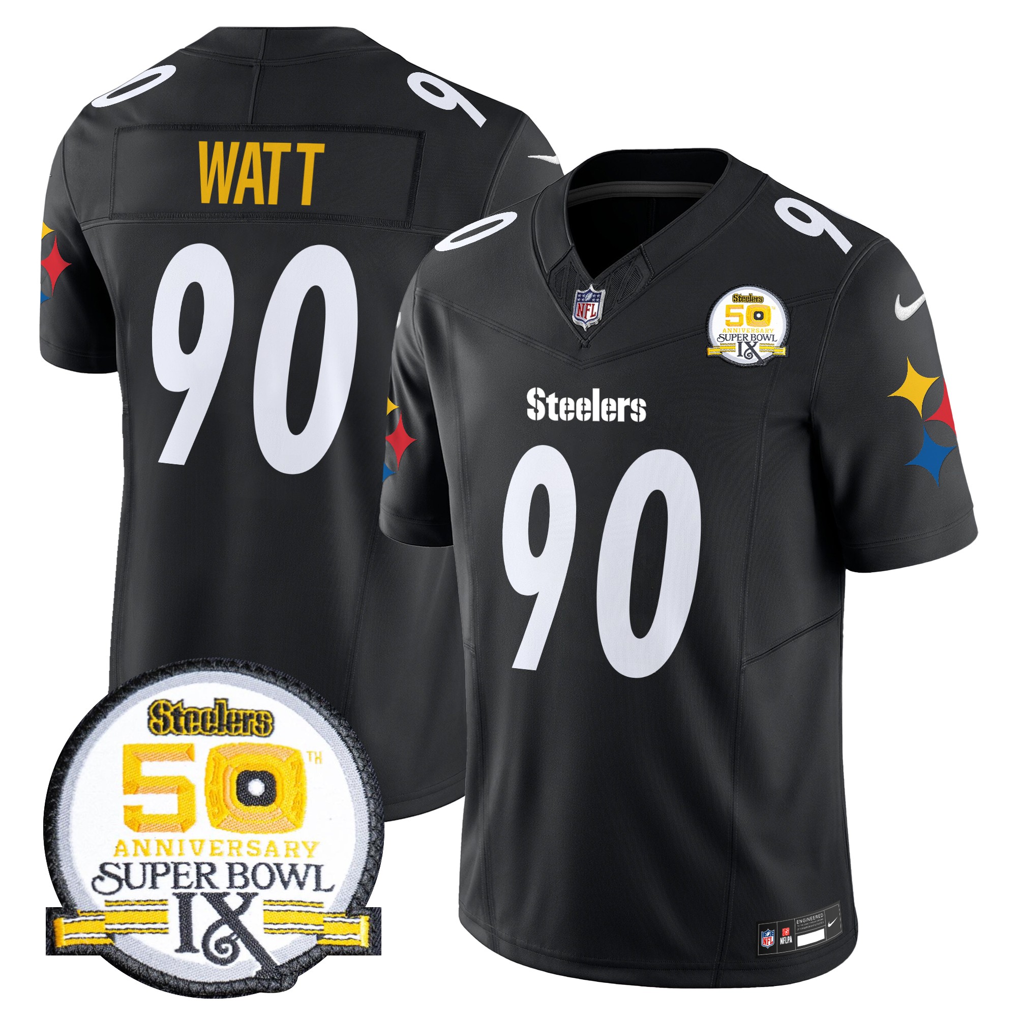 T. J. Watt Men's Pittsburgh Steelers 50th Anniversary Of Super Bowl IX Patch Vapor Limited Black Jersey - All Stitched