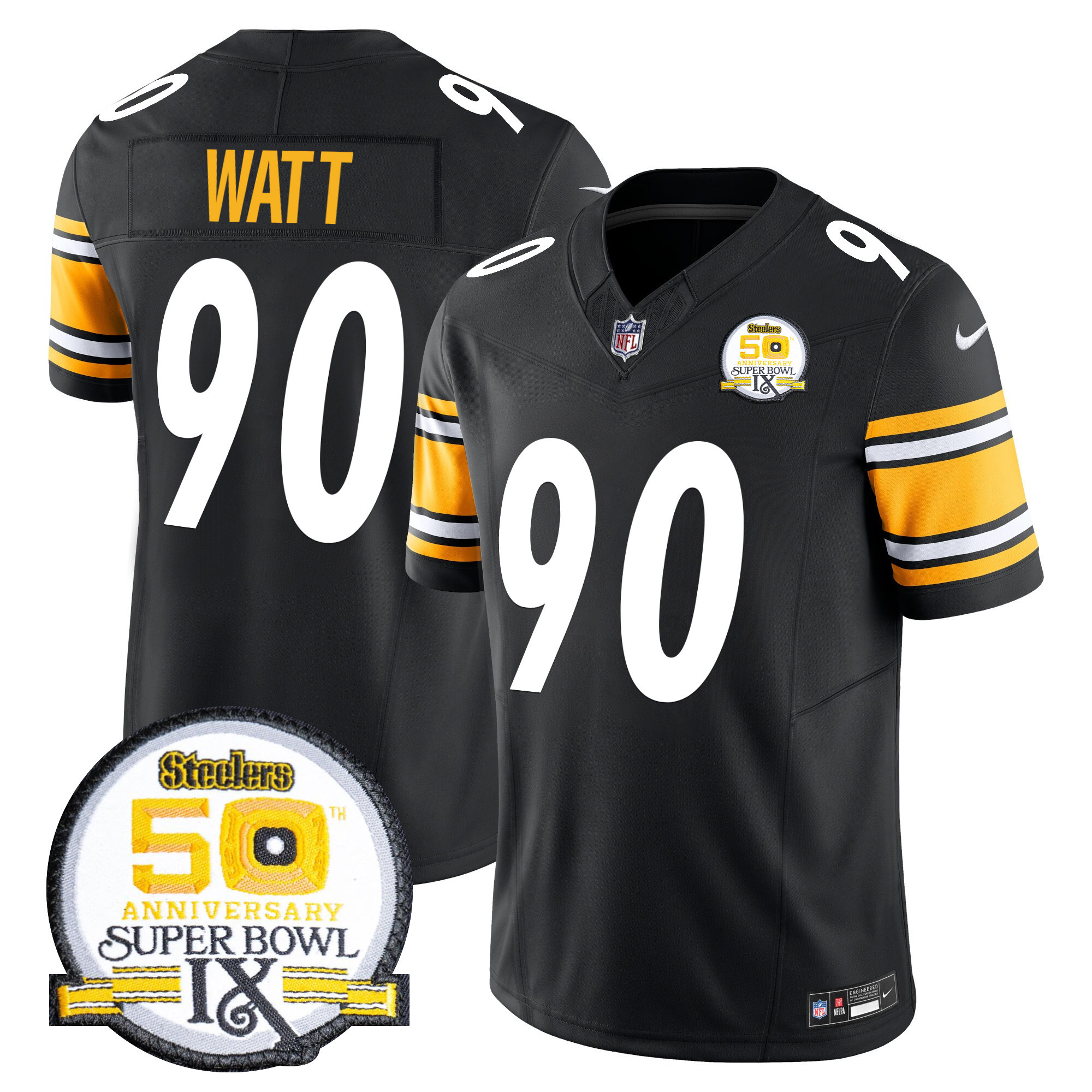 T. J. Watt Men's Pittsburgh Steelers 50th Anniversary Of Super Bowl IX Patch Vapor Limited Black Jersey - All Stitched