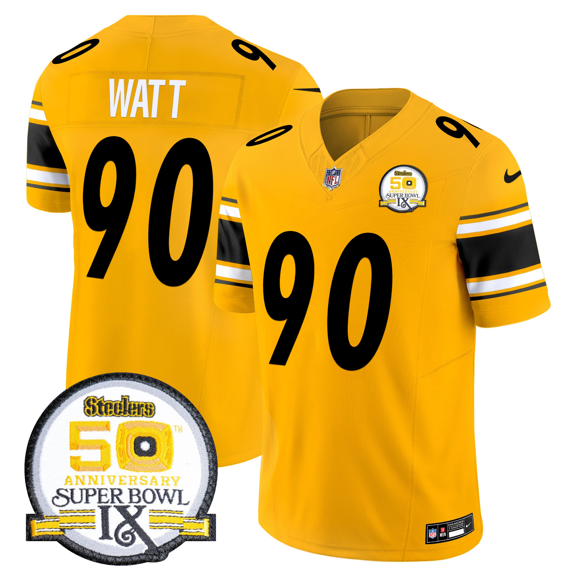 T. J. Watt Men's Pittsburgh Steelers 50th Anniversary Of Super Bowl IX Patch Vapor Limited Gold Jersey - All Stitched