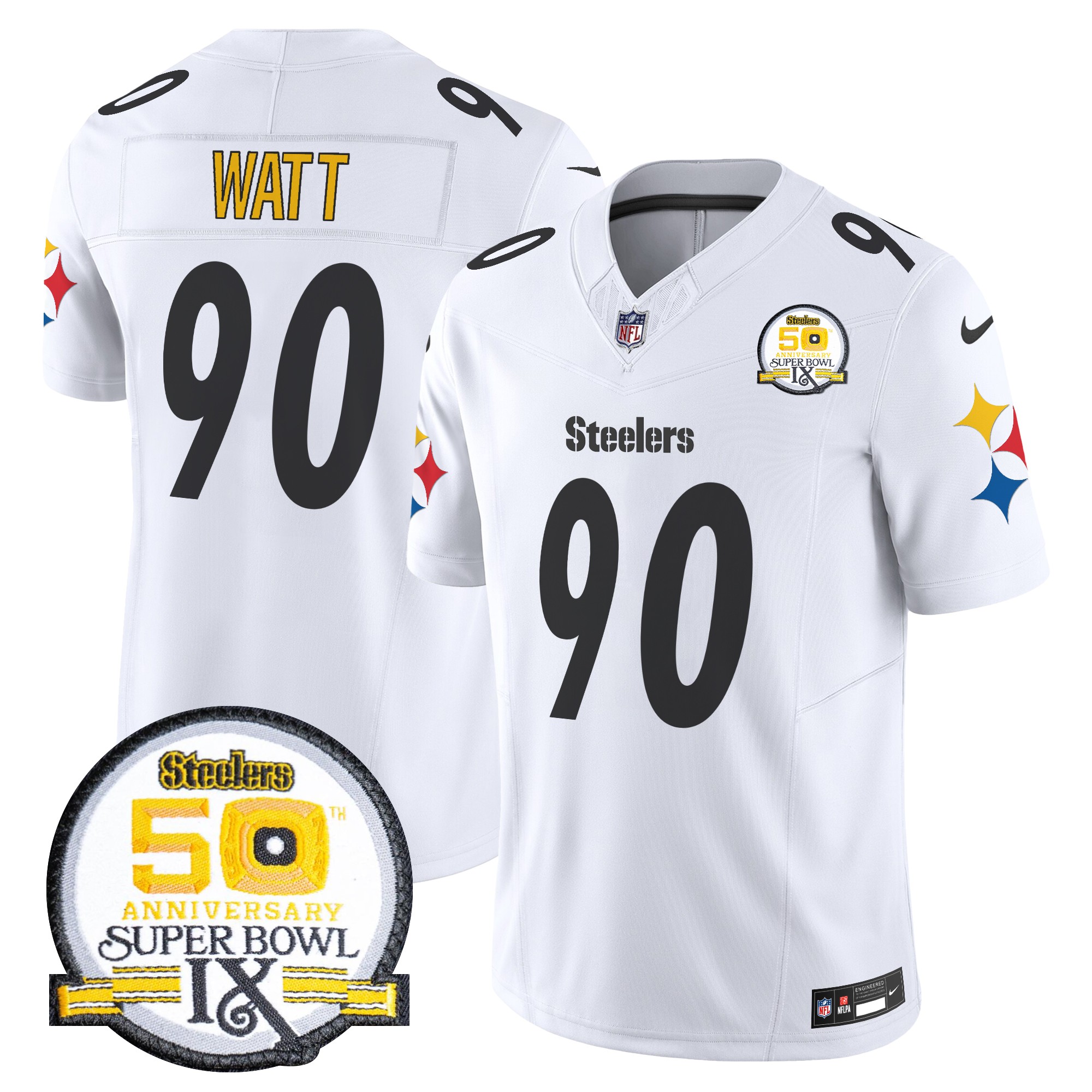 T. J. Watt Men's Pittsburgh Steelers 50th Anniversary Of Super Bowl IX Patch Vapor Limited White Jersey - All Stitched