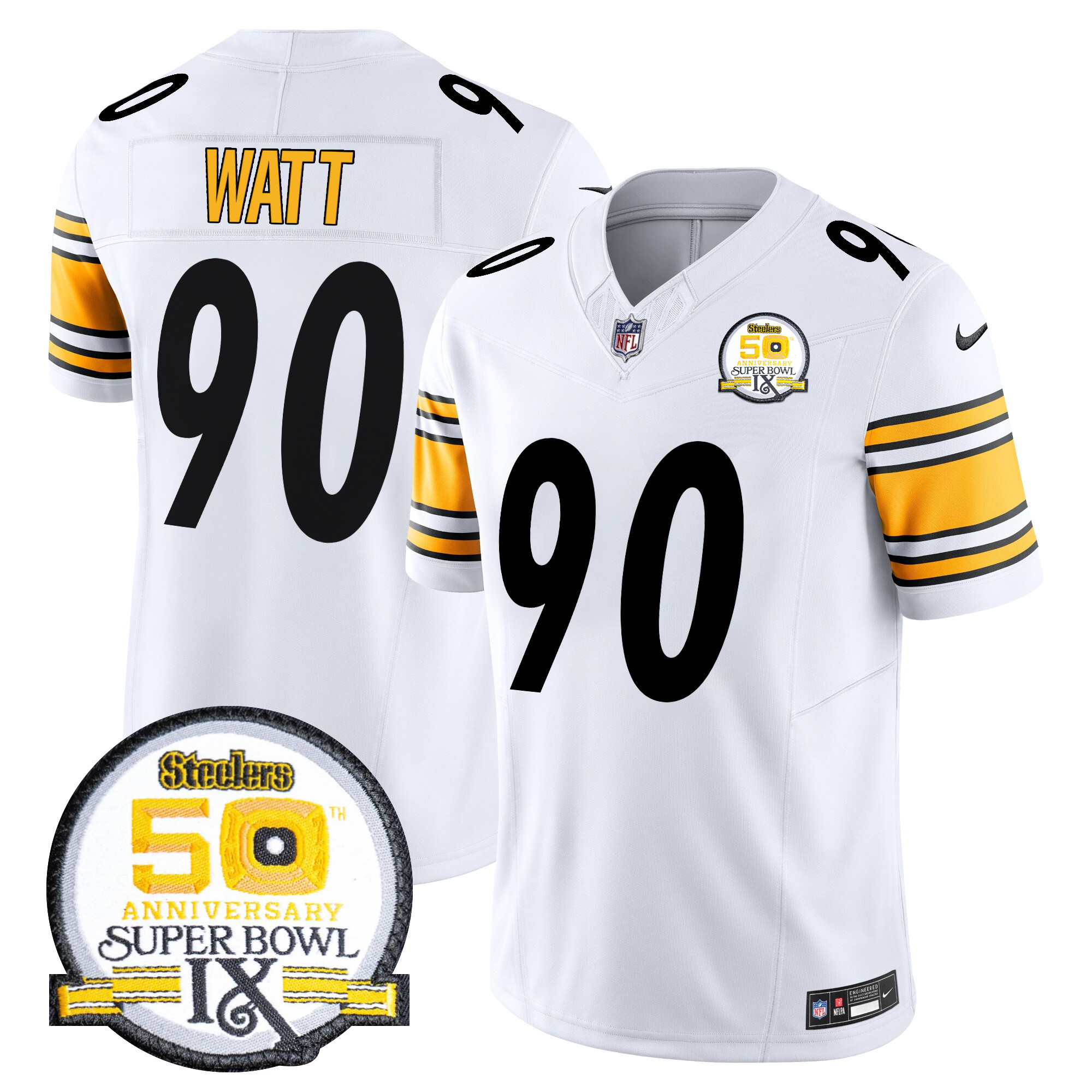 T. J. Watt Men's Pittsburgh Steelers 50th Anniversary Of Super Bowl IX Patch Vapor Limited White Jersey - All Stitched