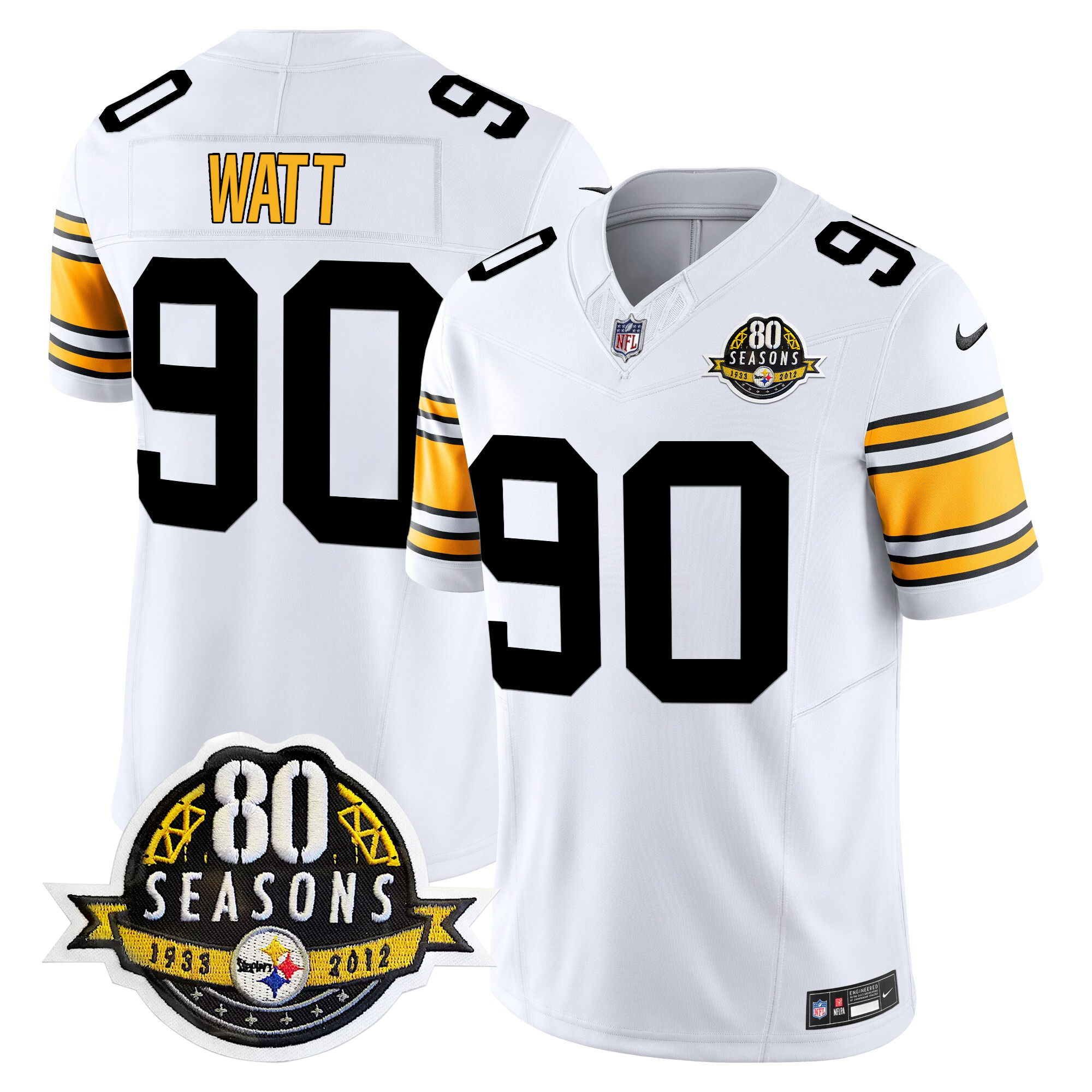T. J. Watt Men's Pittsburgh Steelers 80th Anniversary Patch Vapor Limited 1975 White Jersey - All Stitched