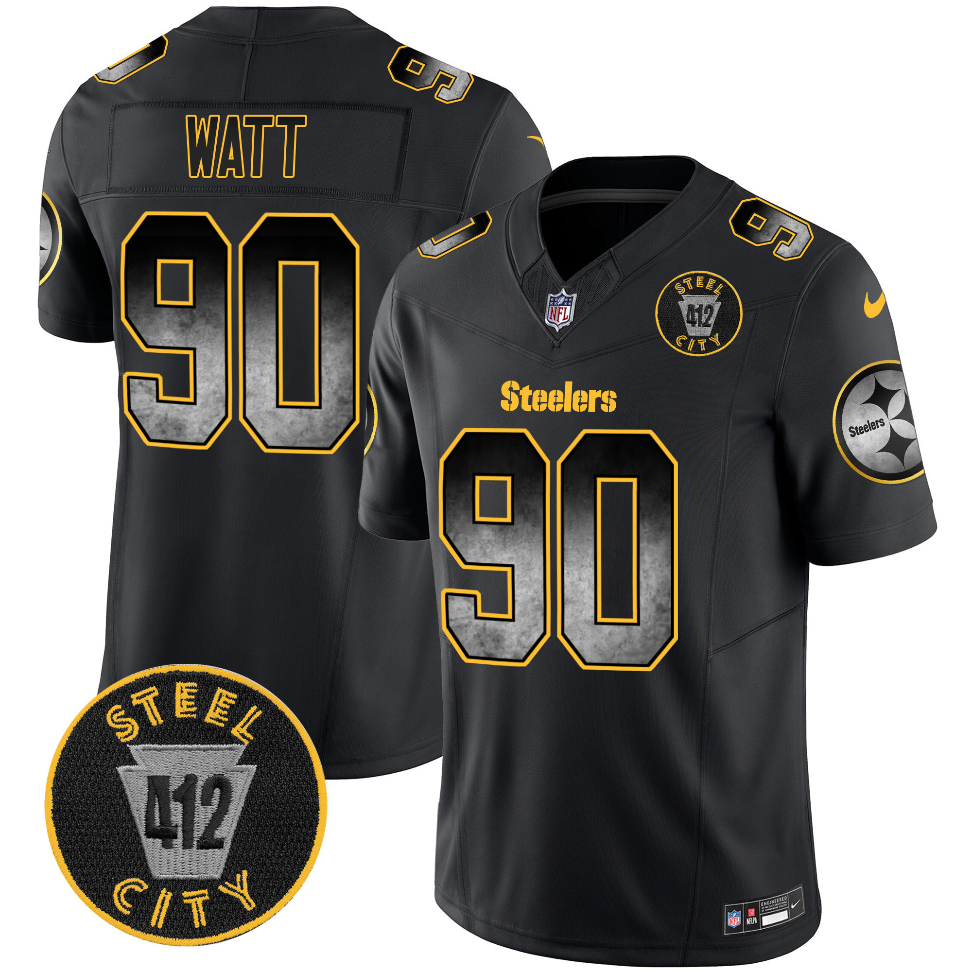 T. J. Watt Men's Pittsburgh Steelers Arch Smoke 412 Patch Vapor Limited Black Jersey - All Stitched