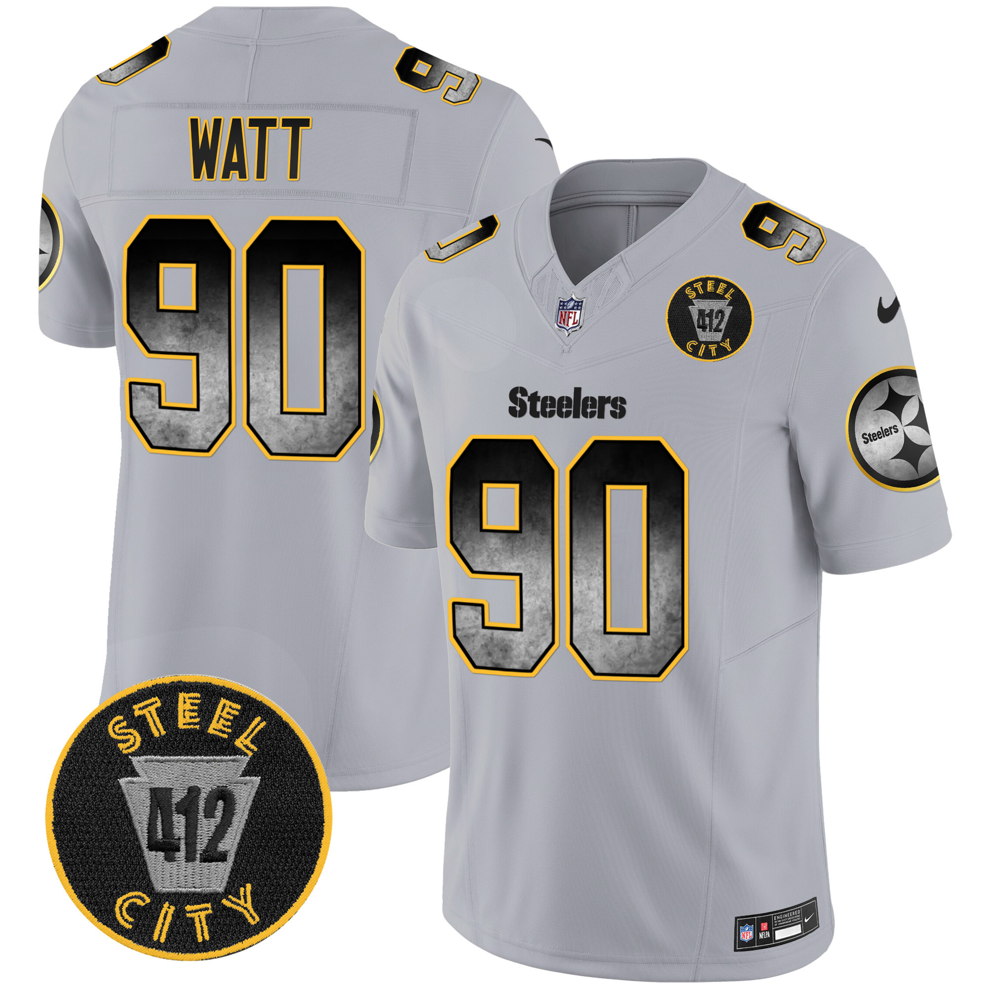 T. J. Watt Men's Pittsburgh Steelers Arch Smoke 412 Patch Vapor Limited Gray Jersey - All Stitched