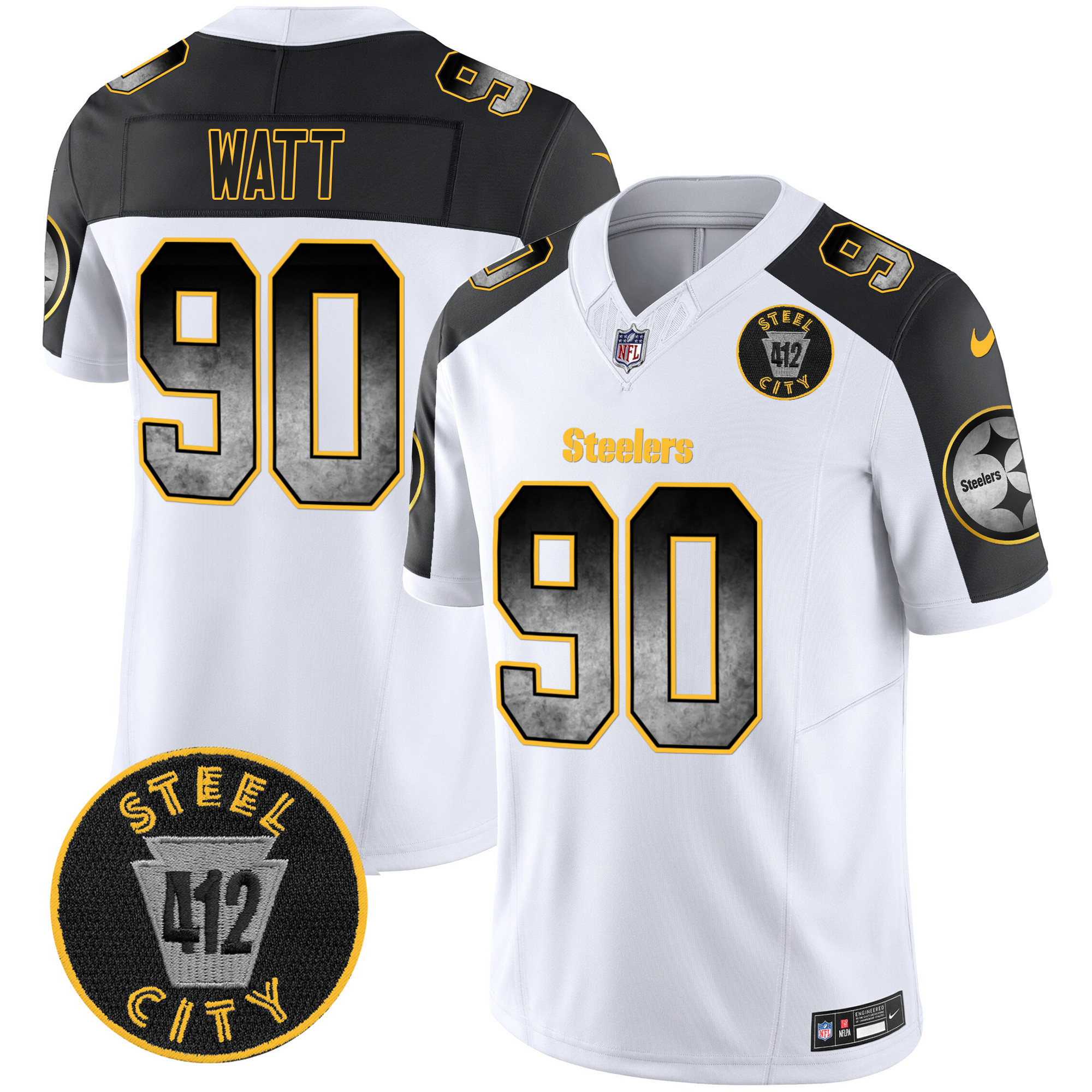 T. J. Watt Men's Pittsburgh Steelers Arch Smoke 412 Patch Vapor Limited Inverted Jersey - All Stitched