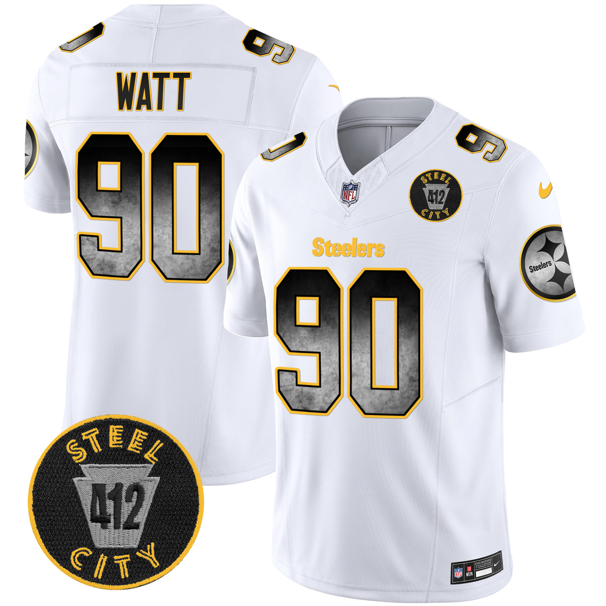 T. J. Watt Men's Pittsburgh Steelers Arch Smoke 412 Patch Vapor Limited White Jersey - All Stitched
