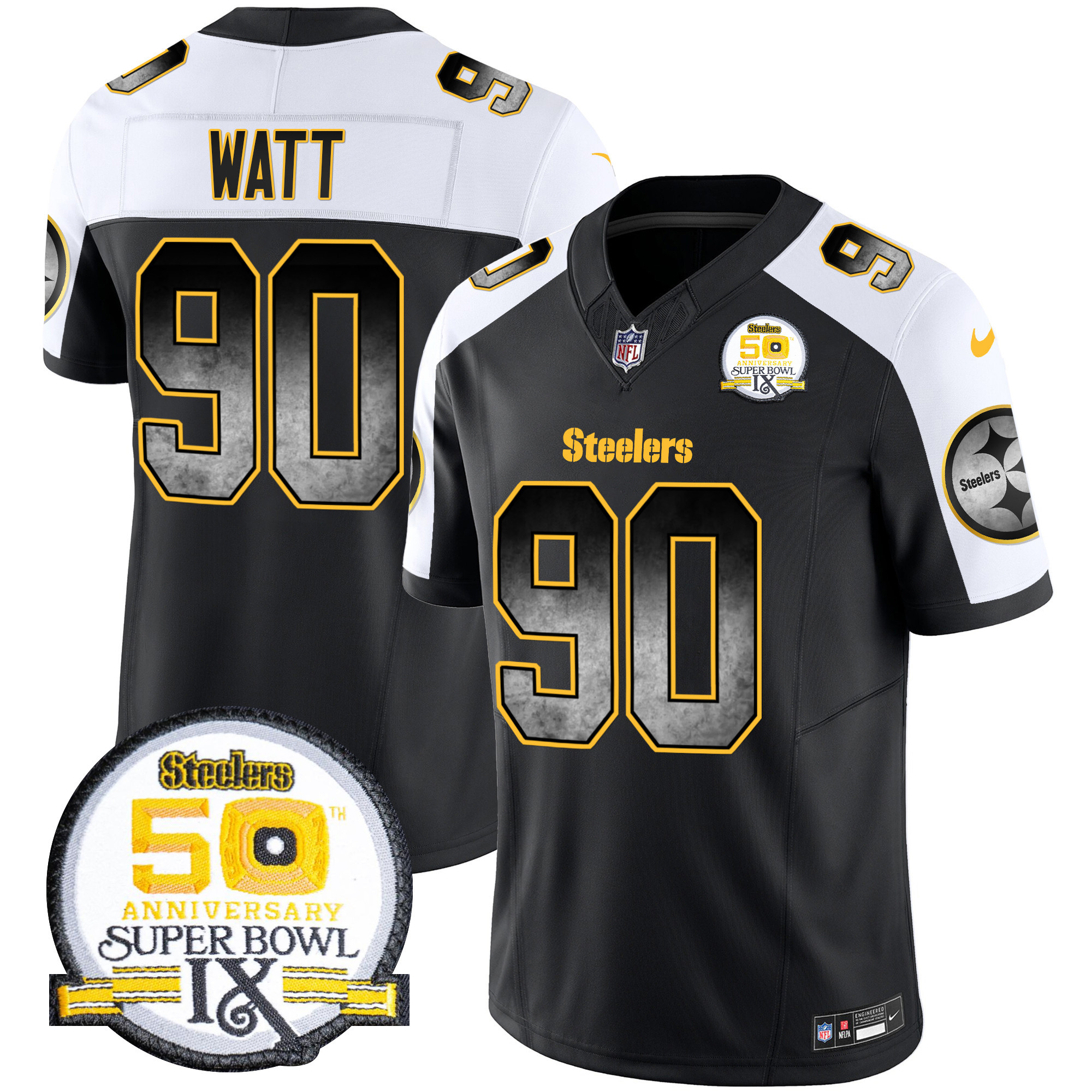 T. J. Watt Men's Pittsburgh Steelers Arch Smoke 50th Anniversary Of Super Bowl IX Patch Vapor Limited Alternate Jersey - All Stitched