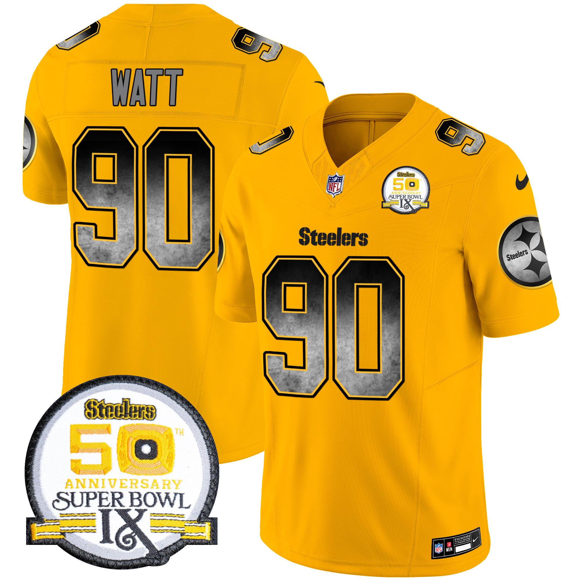 T. J. Watt Men's Pittsburgh Steelers Arch Smoke 50th Anniversary Of Super Bowl IX Patch Vapor Limited Gold Jersey - All Stitched