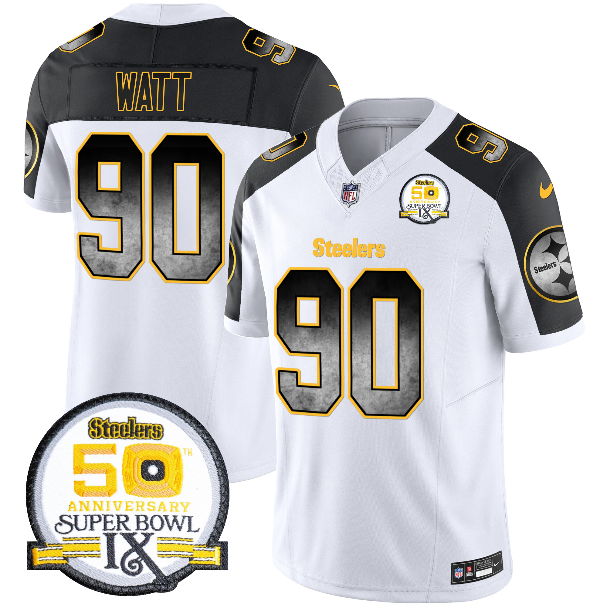 T. J. Watt Men's Pittsburgh Steelers Arch Smoke 50th Anniversary Of Super Bowl IX Patch Vapor Limited Inverted Jersey - All Stitched