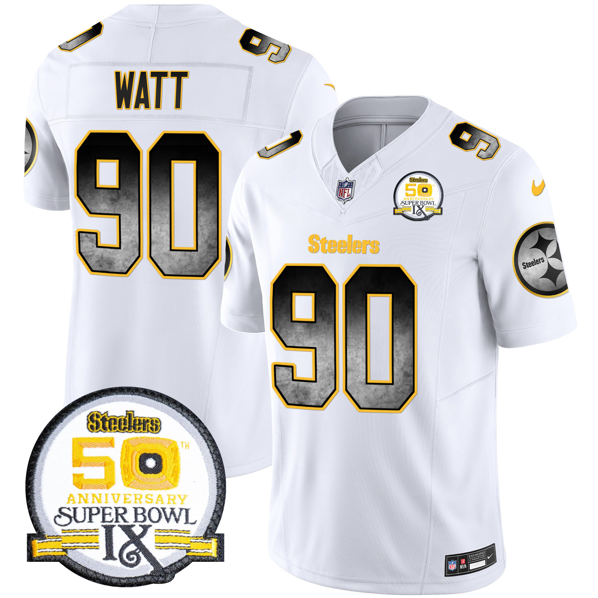 T. J. Watt Men's Pittsburgh Steelers Arch Smoke 50th Anniversary Of Super Bowl IX Patch Vapor Limited White Jersey - All Stitched