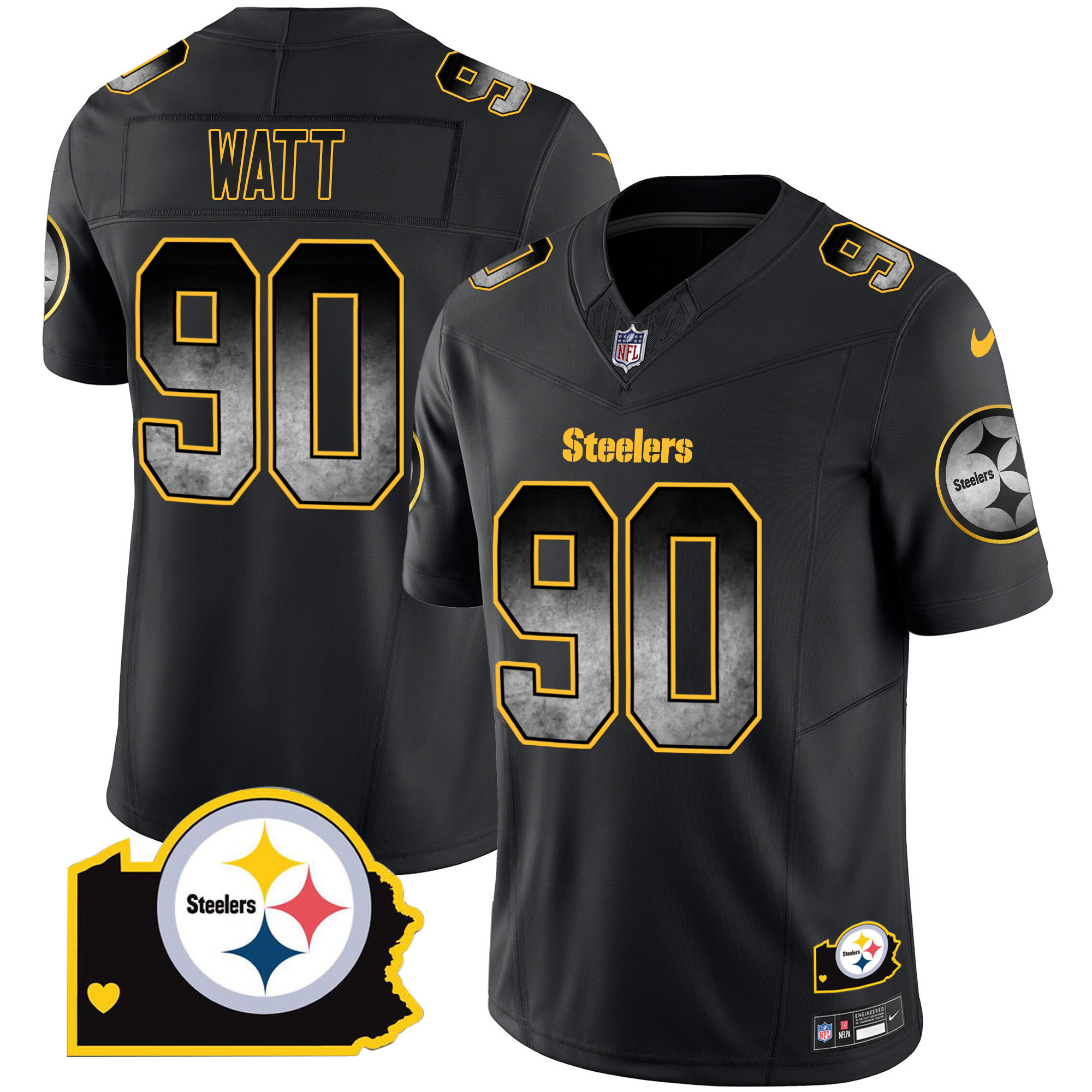 T. J. Watt Men's Pittsburgh Steelers Arch Smoke Home Patch Vapor Black Jersey - All Stitched