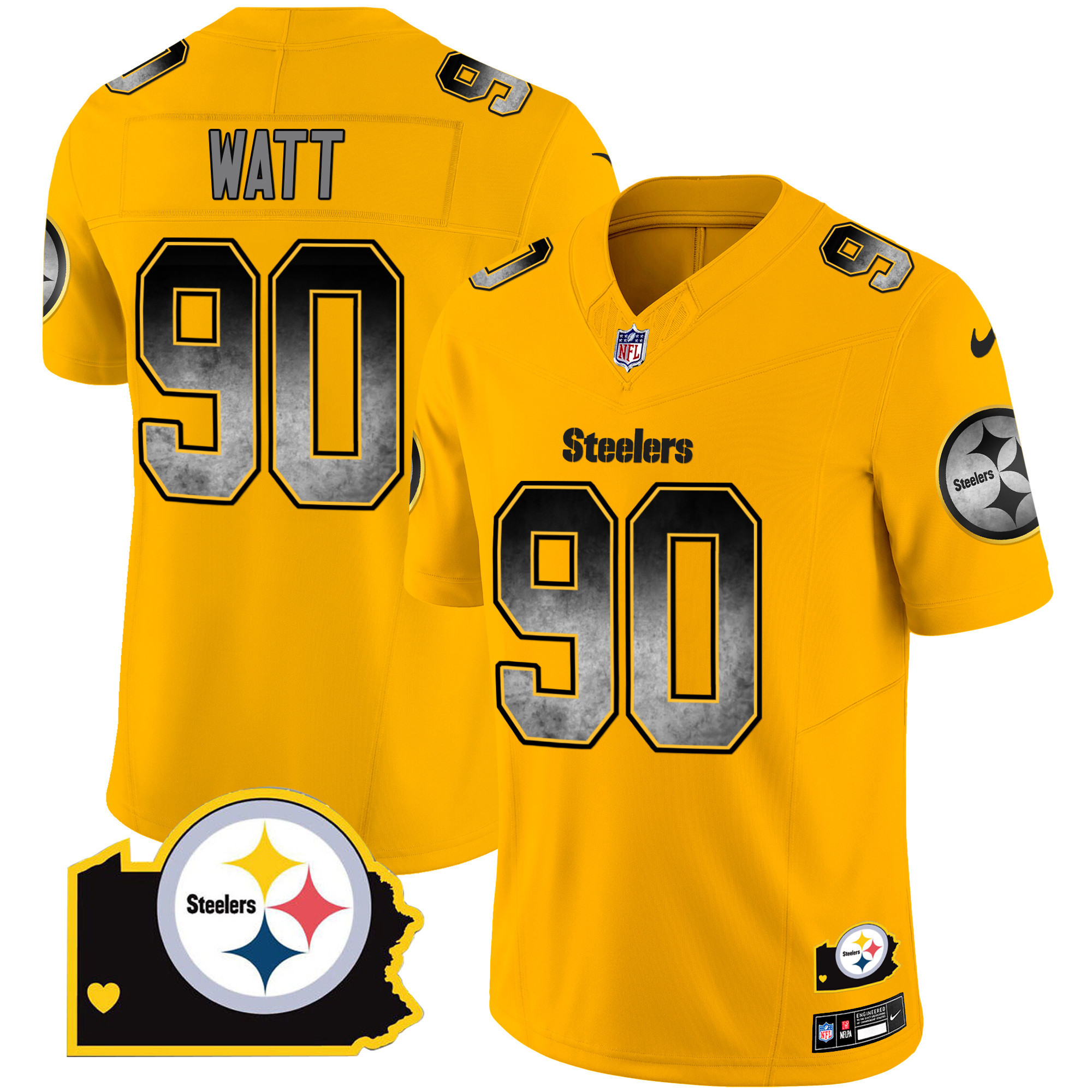T. J. Watt Men's Pittsburgh Steelers Arch Smoke Home Patch Vapor Gold Jersey - All Stitched