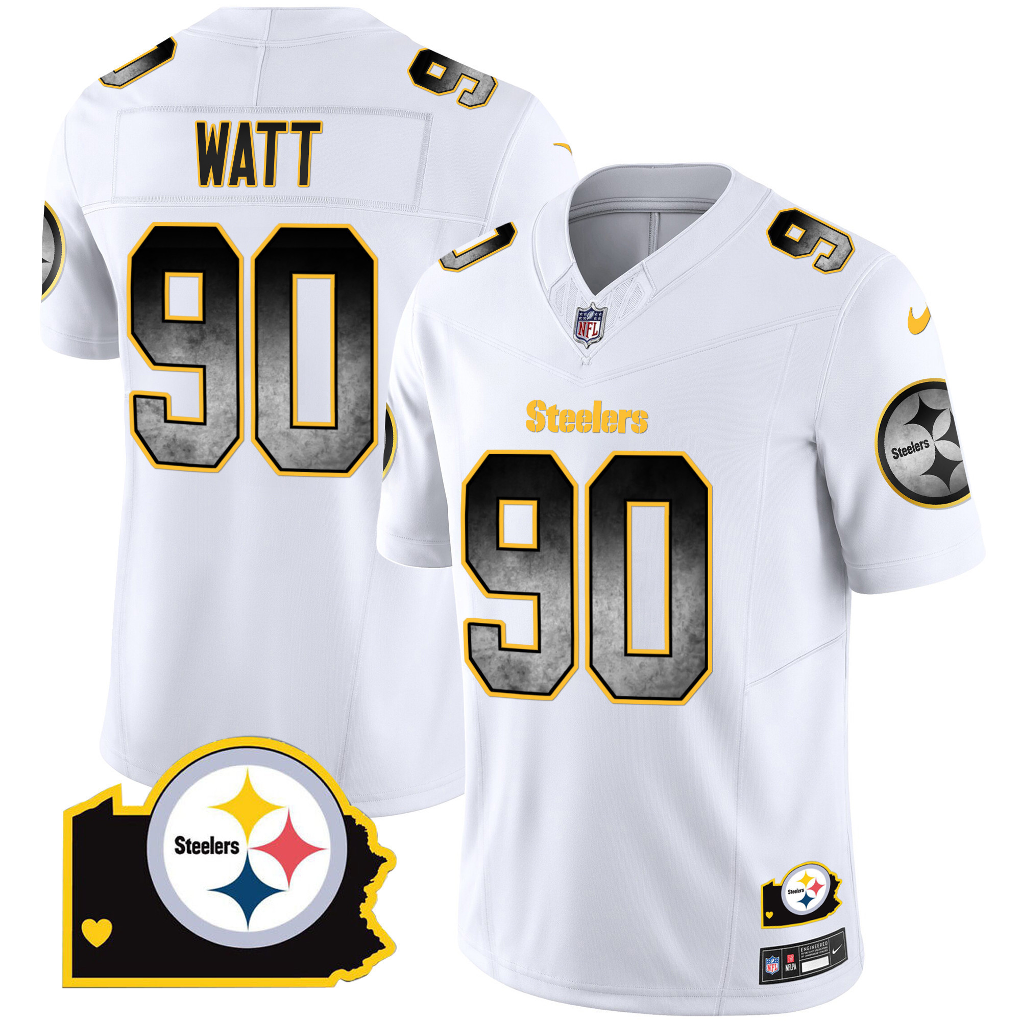 T. J. Watt Men's Pittsburgh Steelers Arch Smoke Home Patch Vapor White Jersey - All Stitched