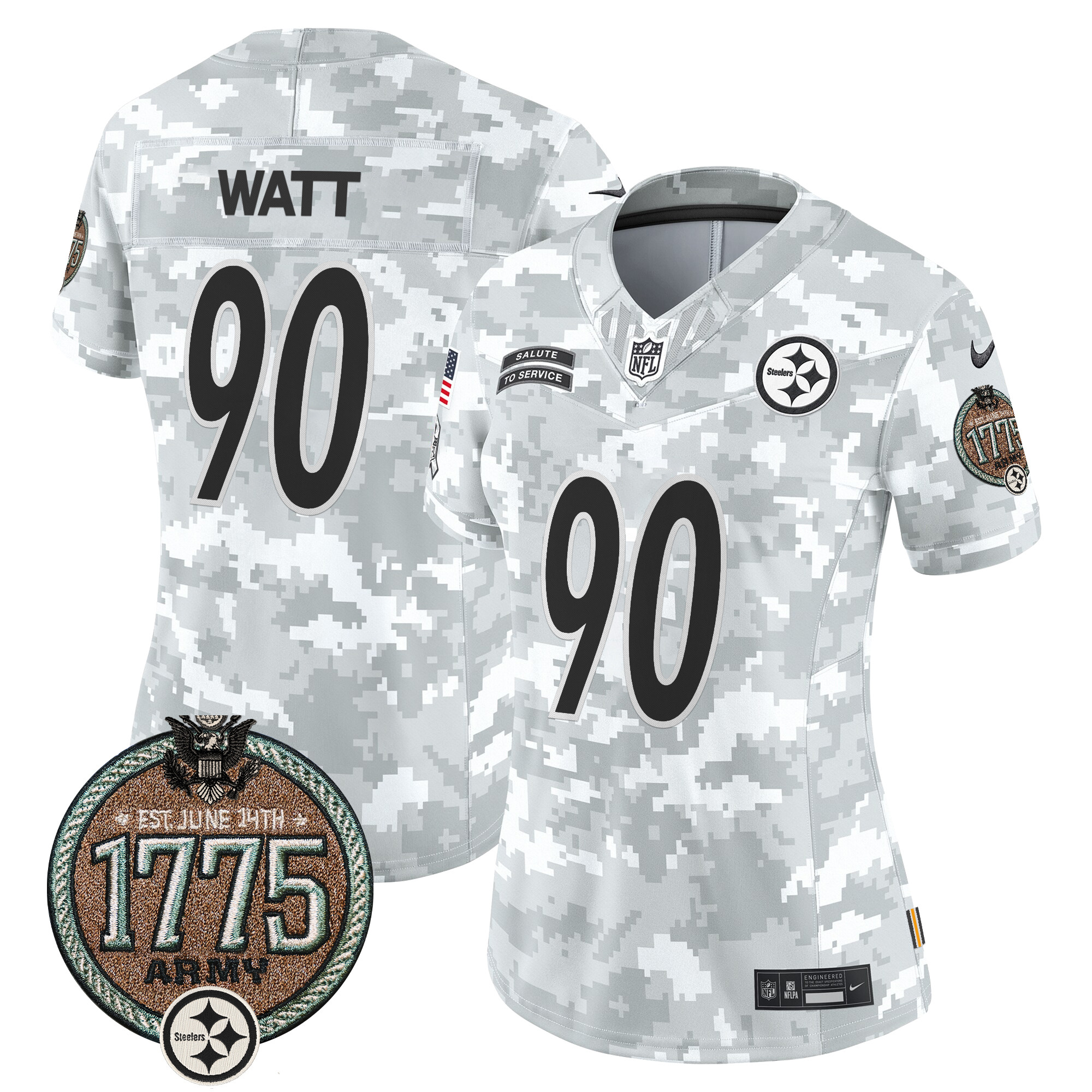 T. J. Watt Women's Pittsburgh Steelers 2024 Salute to Service Establishment Year Patch Vapor Limited Army Jersey - All Stitched