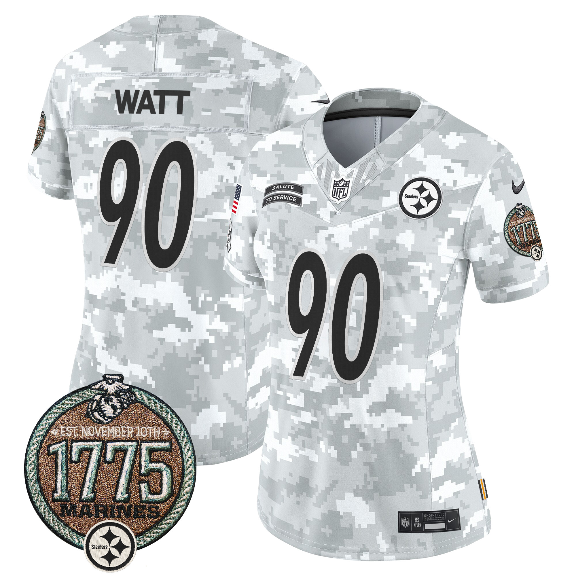 T. J. Watt Women's Pittsburgh Steelers 2024 Salute to Service Establishment Year Patch Vapor Limited Marines Jersey - All Stitched