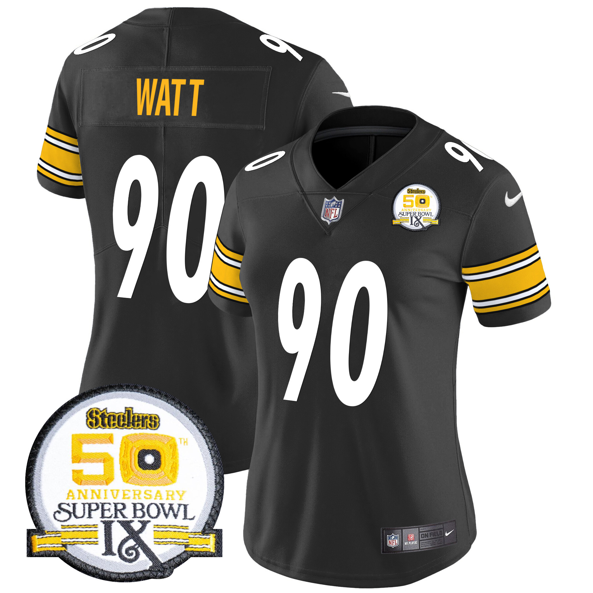 T. J. Watt Women's Pittsburgh Steelers 50th Anniversary Of Super Bowl IX Patch Vapor Limited Black Jersey - All Stitched