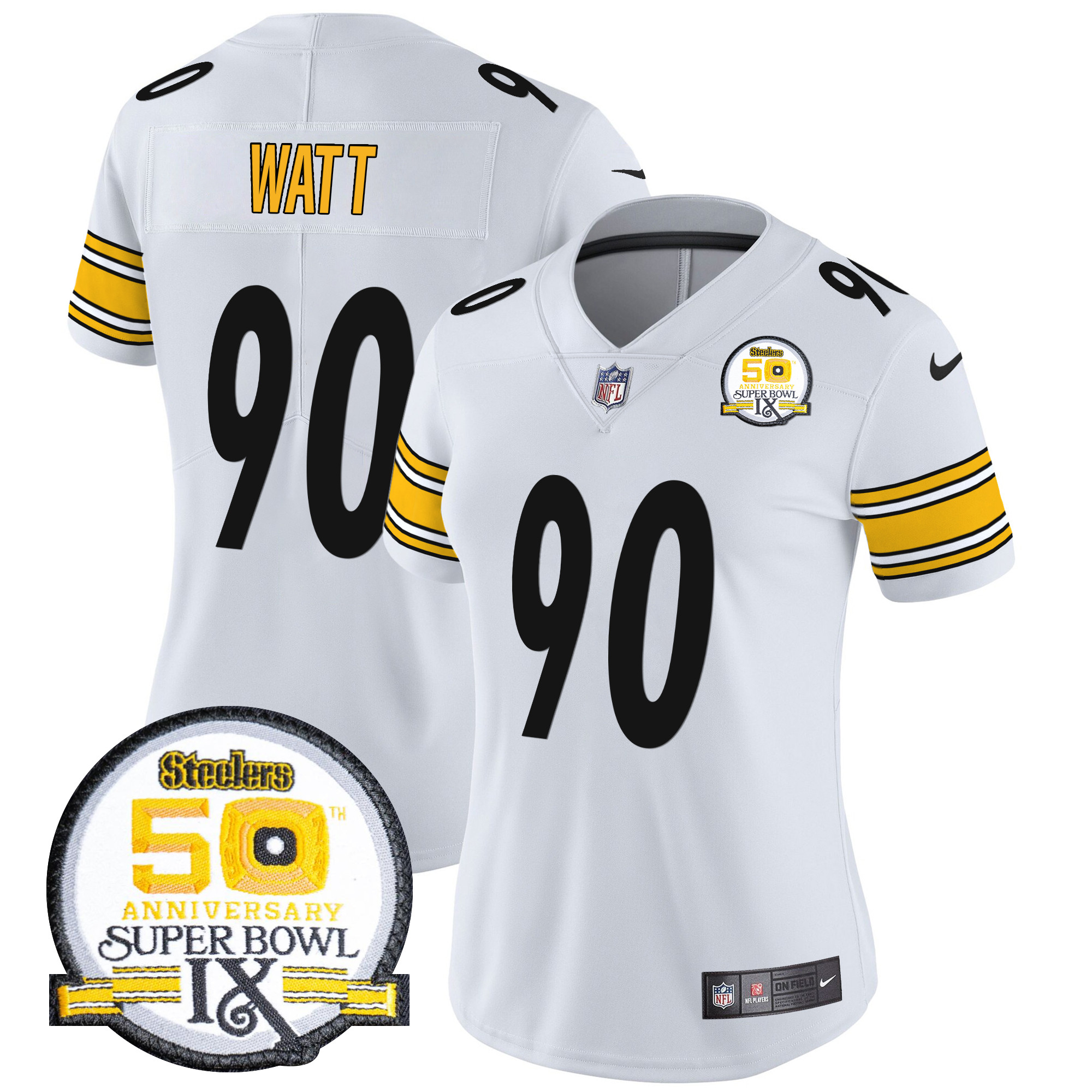 T. J. Watt Women's Pittsburgh Steelers 50th Anniversary Of Super Bowl IX Patch Vapor Limited White Jersey - All Stitched