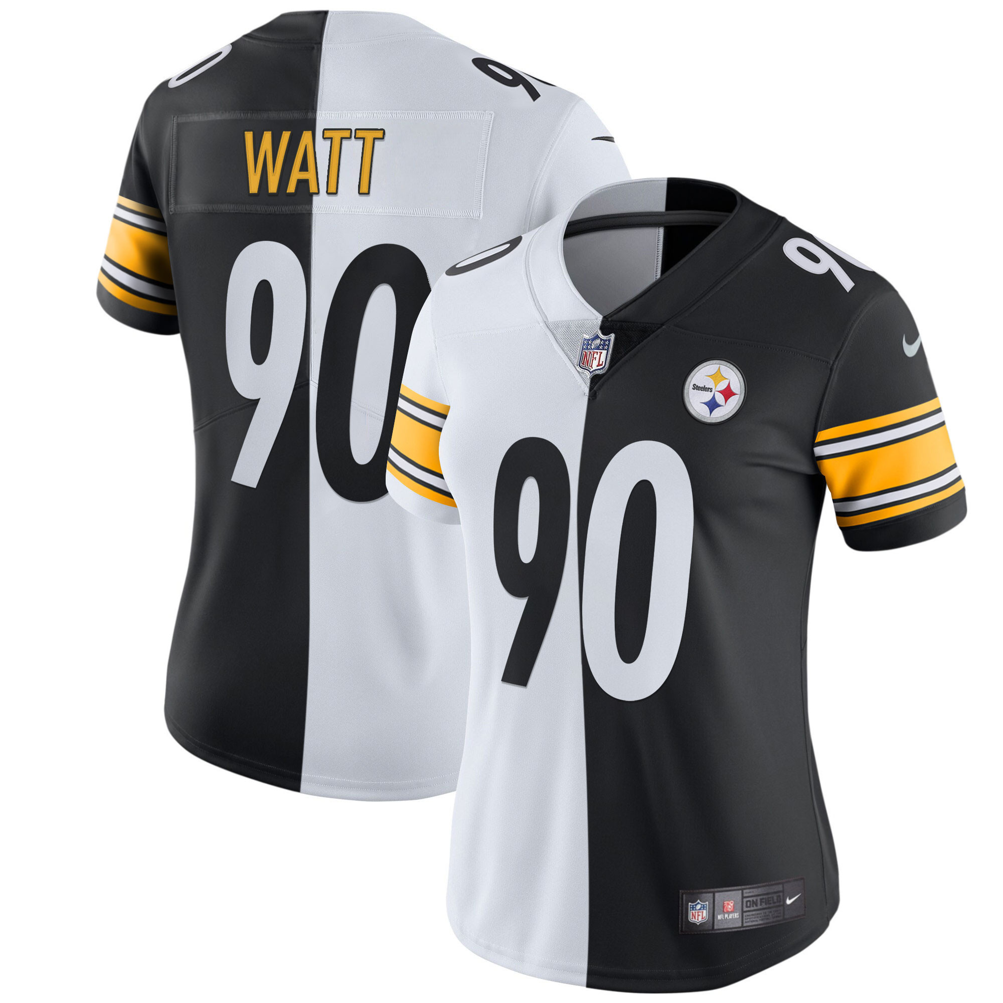 T. J. Watt Women's Pittsburgh Steelers White Gold & Black Gold - All Stitched Split Jersey - All Stitched